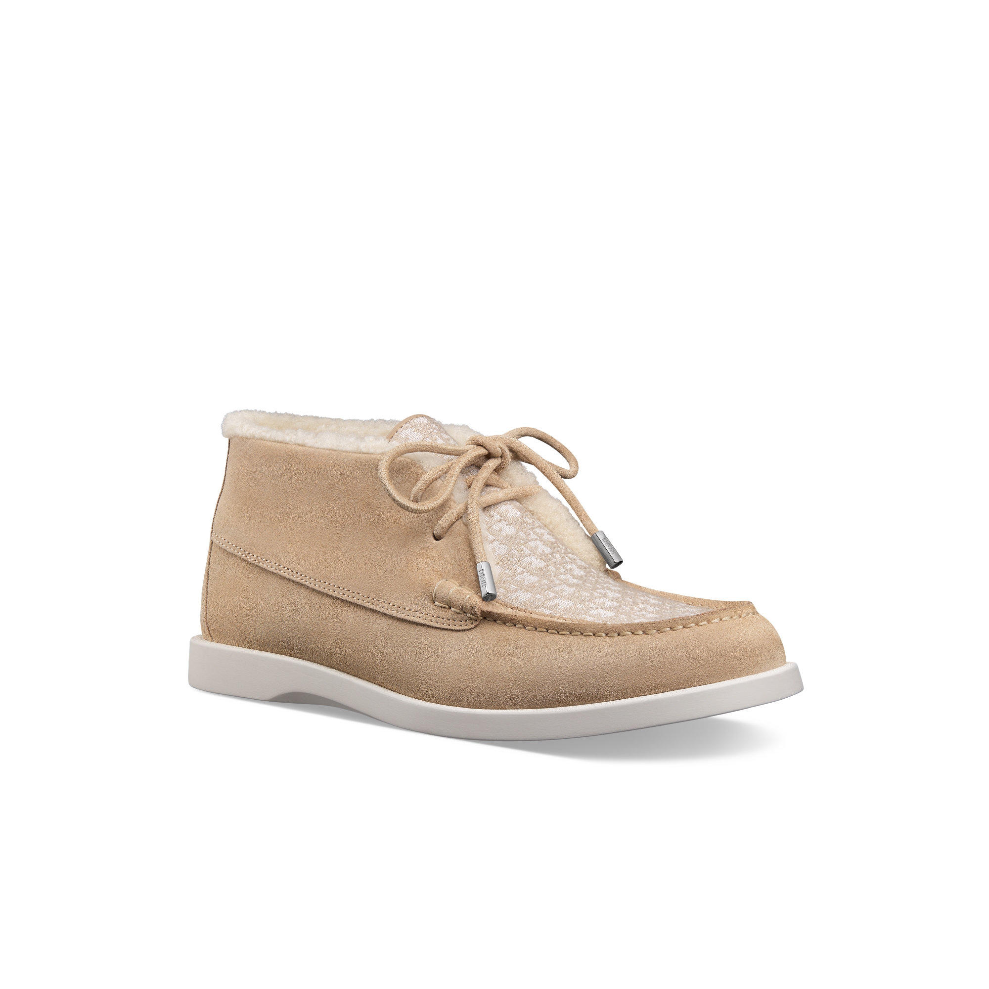 Dior Granville 高帮马球靴 米色绒面革、米色 Oblique 印花面料和奶油白色羊毛皮 E03