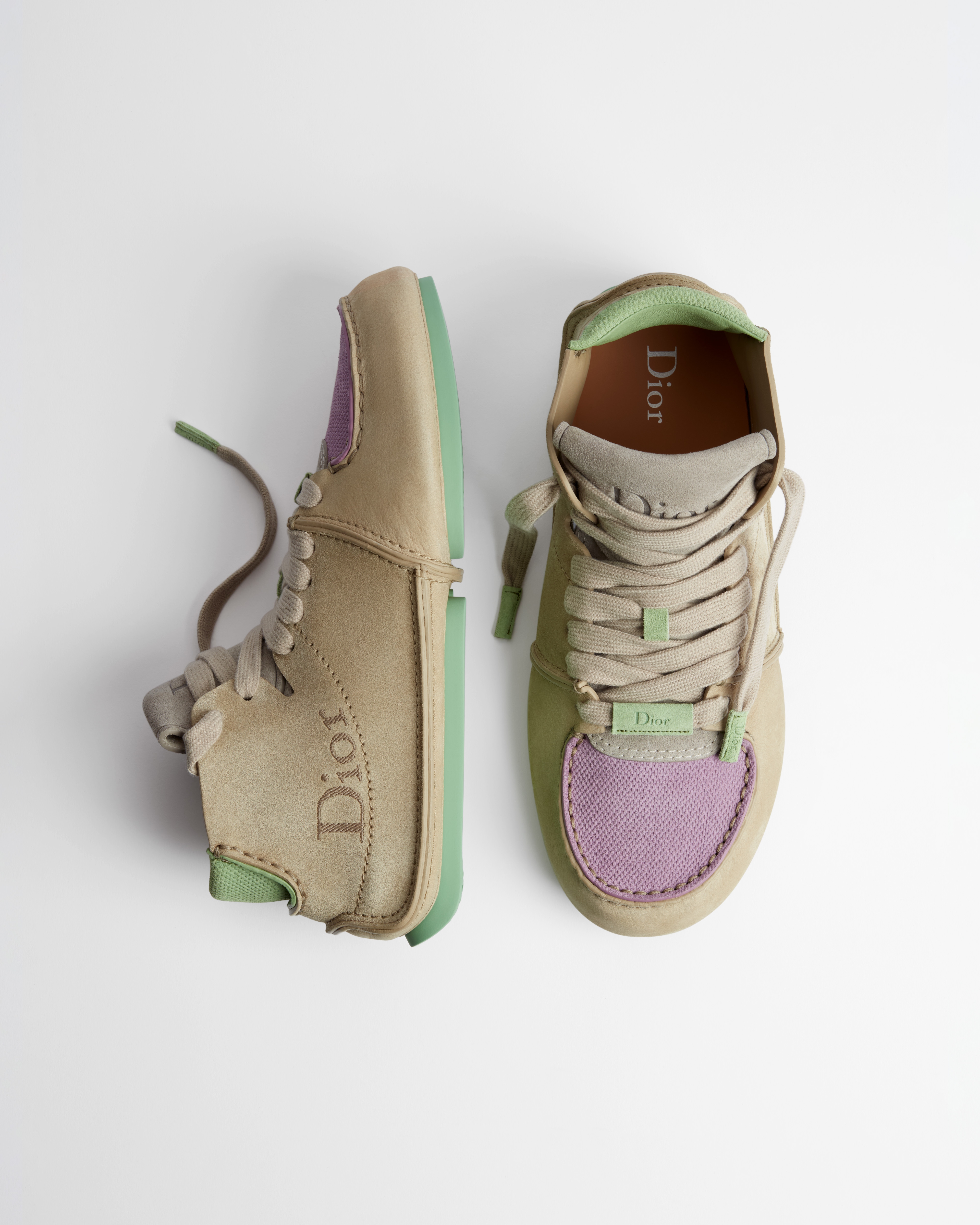 Dior Roadie 系带靴子 米色磨砂革搭配米色、绿色和紫色绒面革 E06
