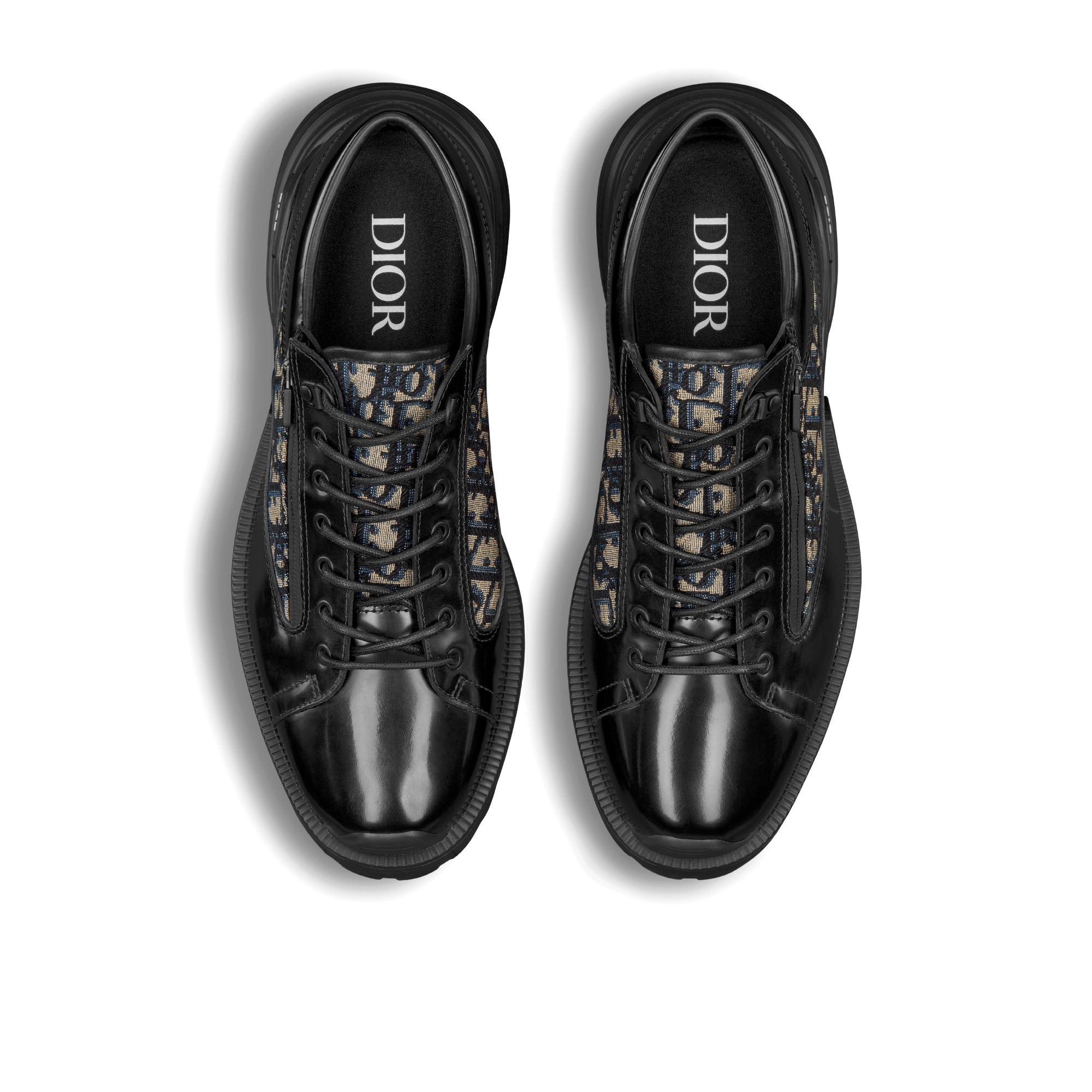 Dior Combat 德比鞋 黑色抛光牛皮革搭配米色和黑色 Oblique 印花面料 E06