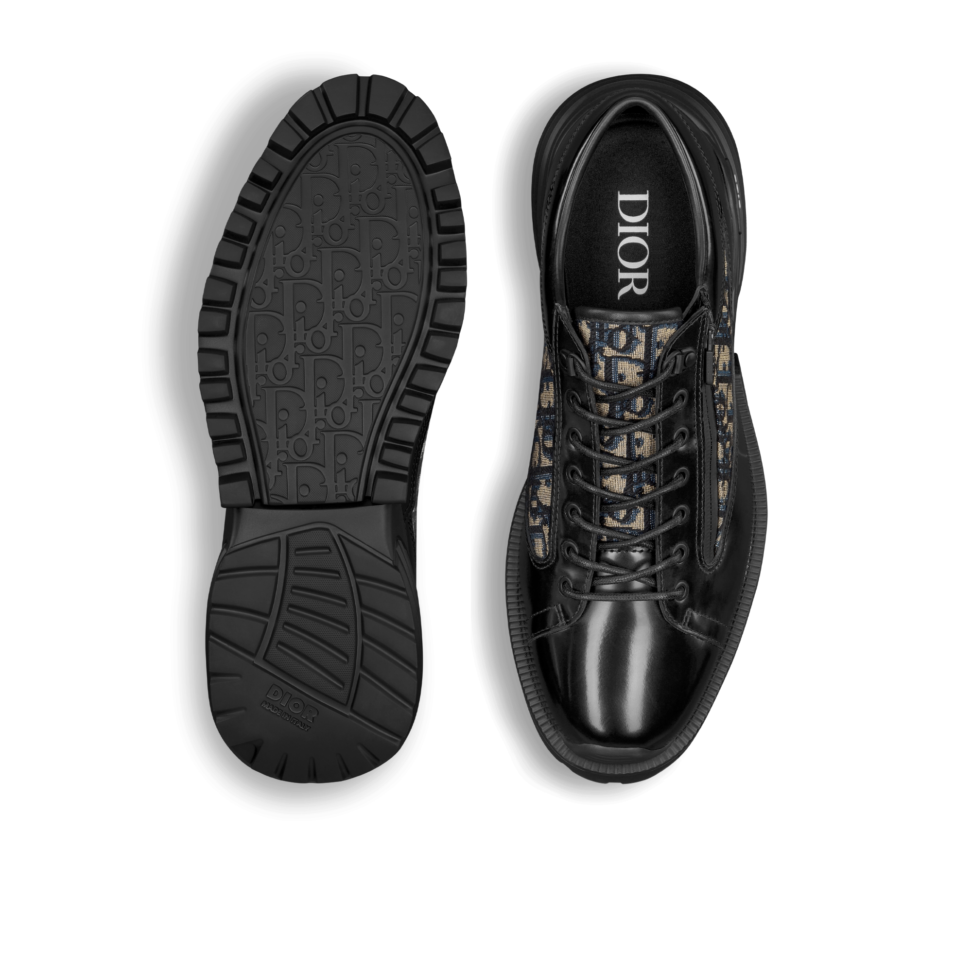 Dior Combat 德比鞋 黑色抛光牛皮革搭配米色和黑色 Oblique 印花面料 E10