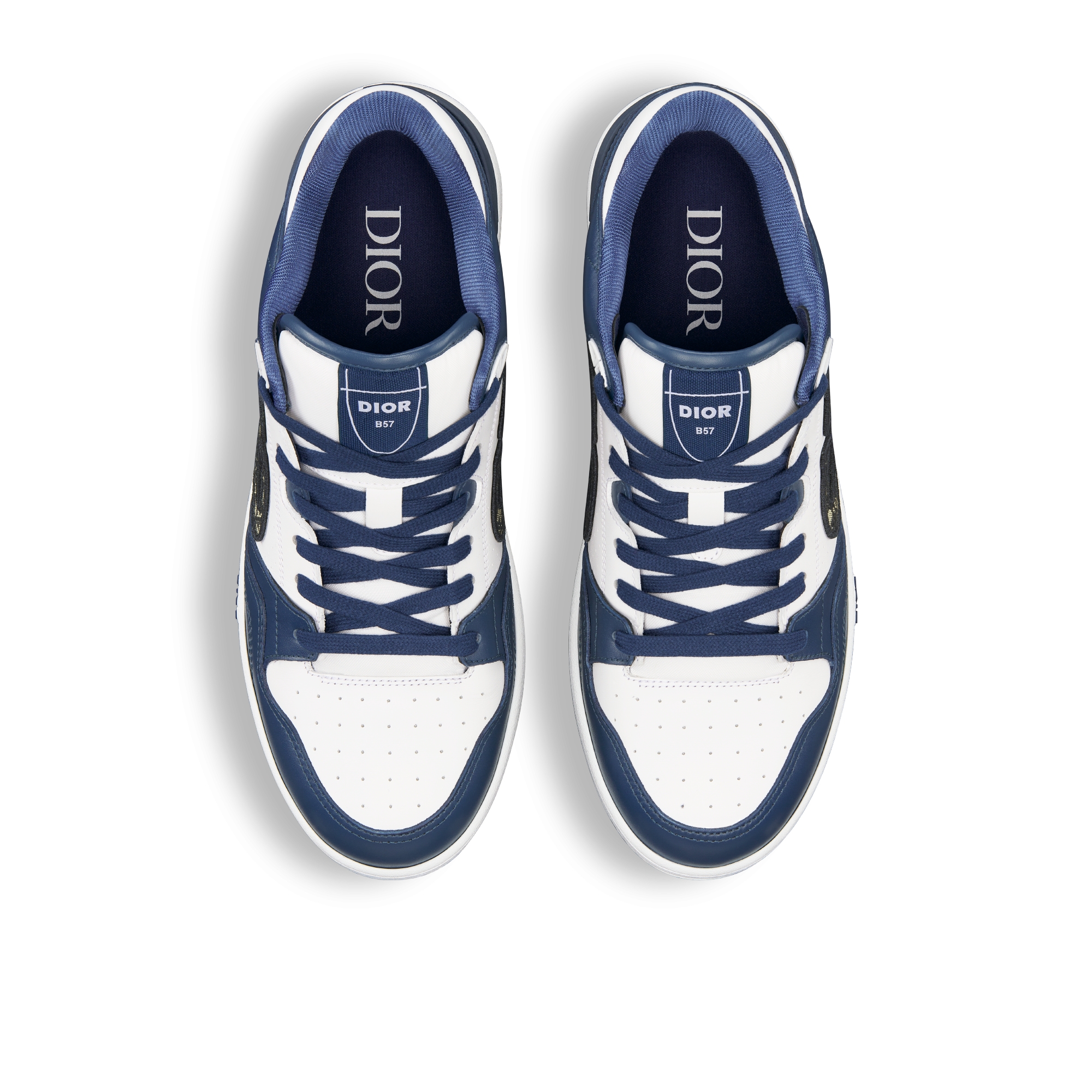 B57 Dribble 低帮运动鞋 海军蓝色和白色光滑牛皮革米色和黑色 Oblique 印花 E06