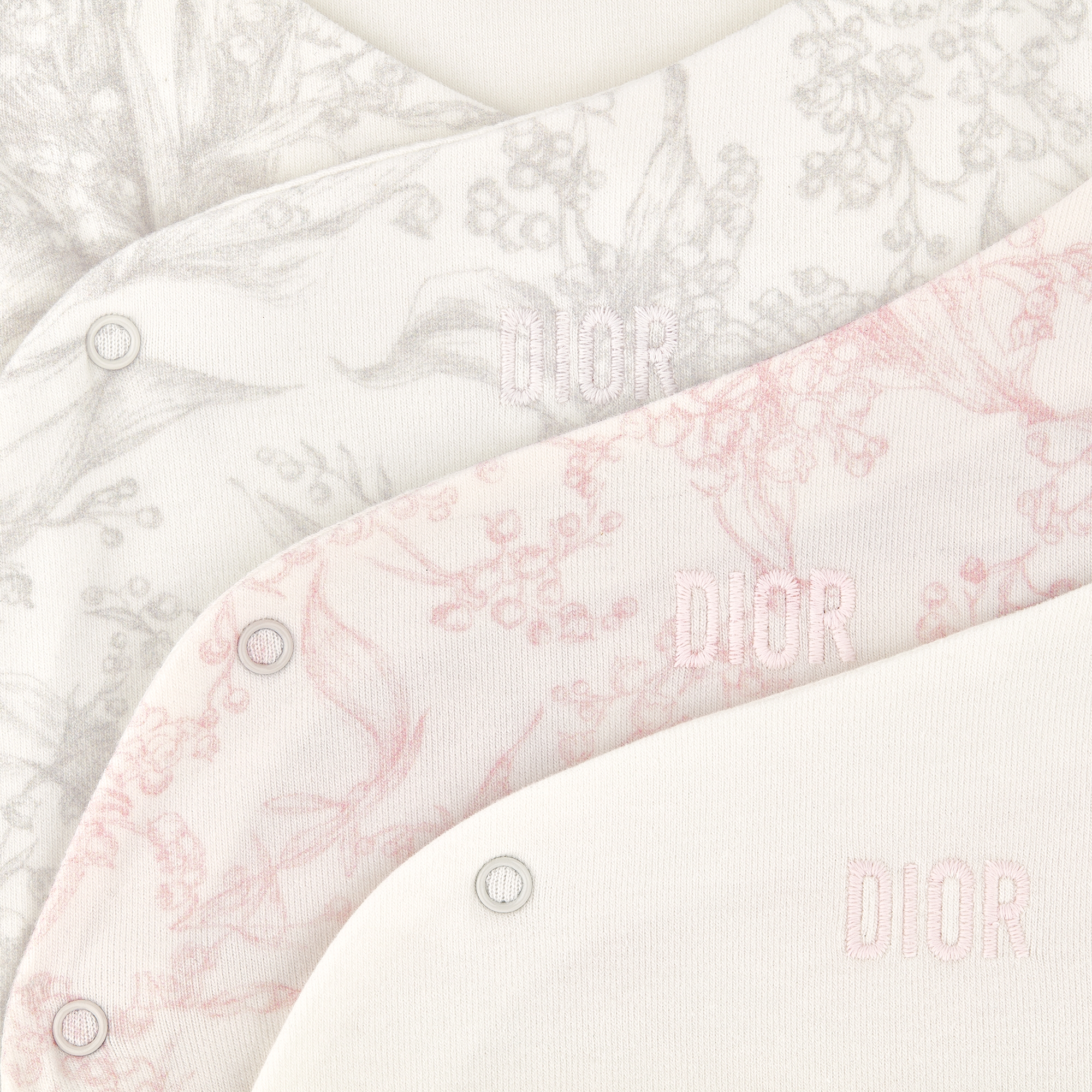 长袖连体衣三件套礼品套装 象牙色棉质双面布粉色和浅灰色铃兰印花 E09