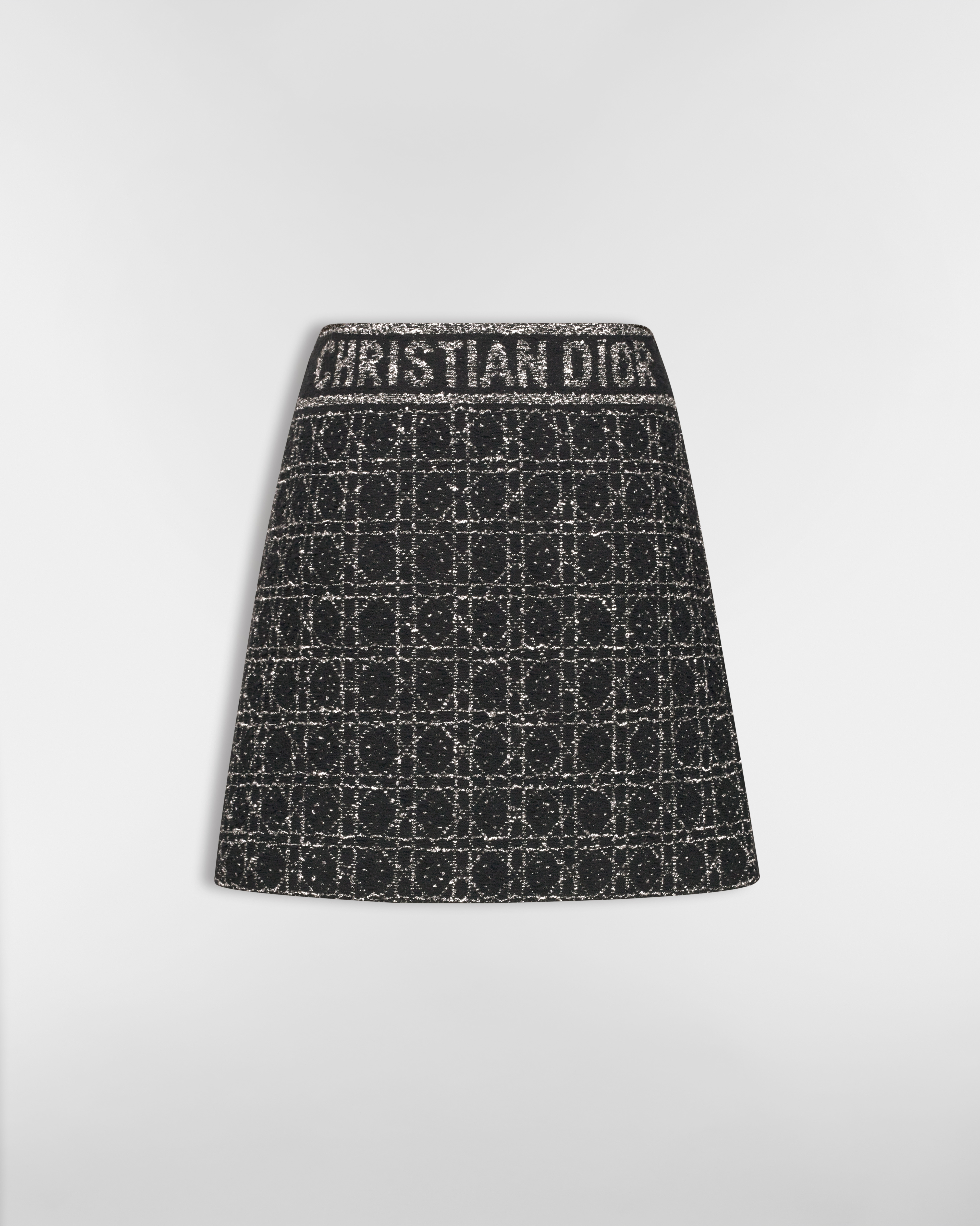 喇叭形迷你裙 黑色和白色棉质混纺针织科技面料超大藤格纹 E08