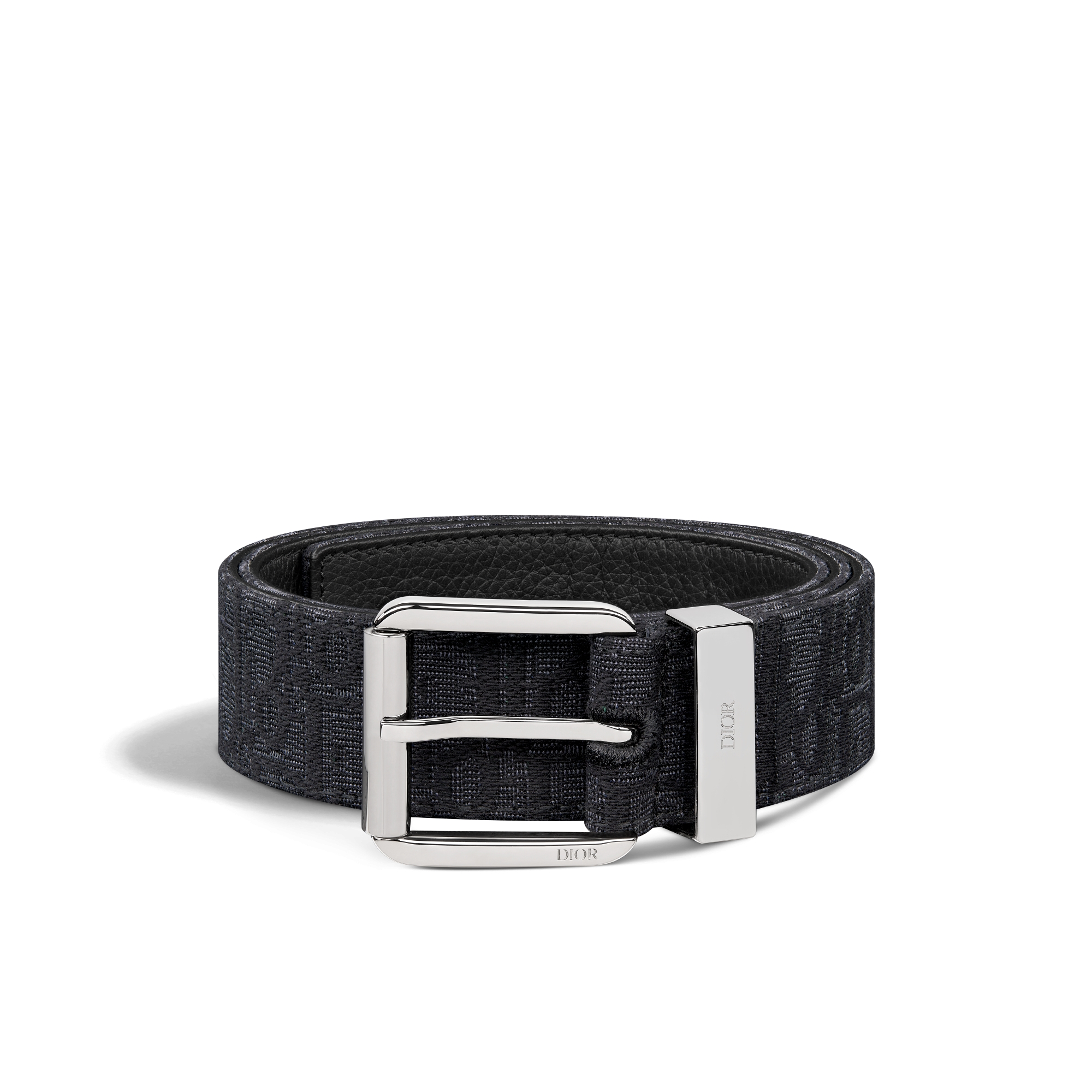 腰带 35 毫米黑色 Oblique 印花面料和黑色粒面牛皮革 E03