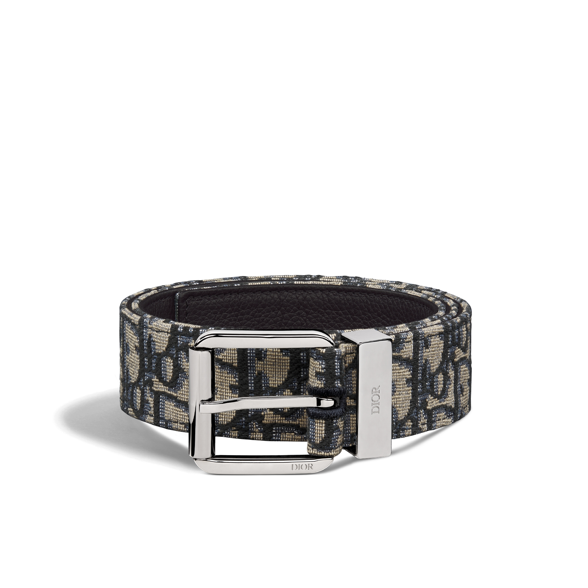 腰带 35 毫米米色和黑色 Oblique 印花面料搭配黑色粒面牛皮革 E03