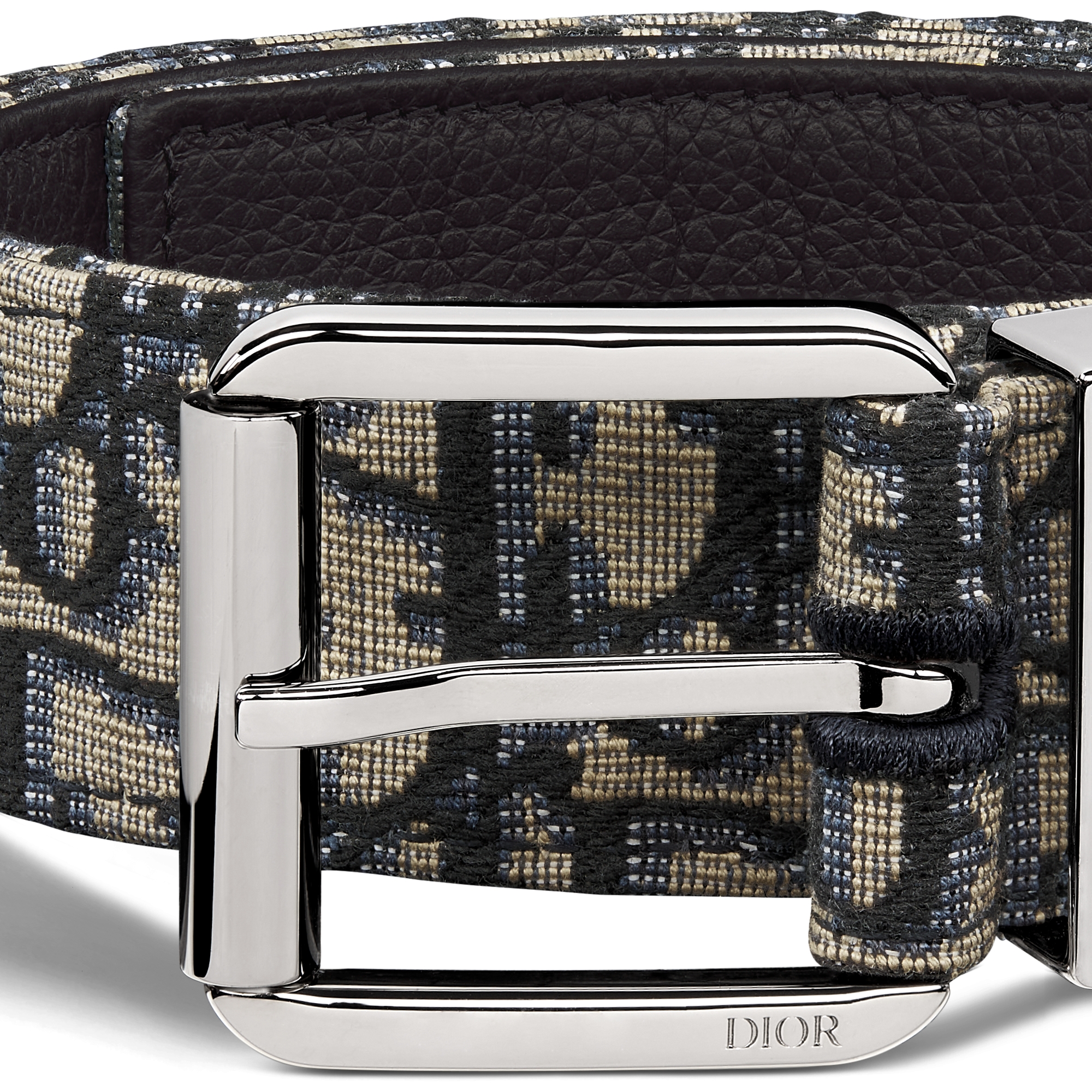 腰带 35 毫米米色和黑色 Oblique 印花面料搭配黑色粒面牛皮革 E09