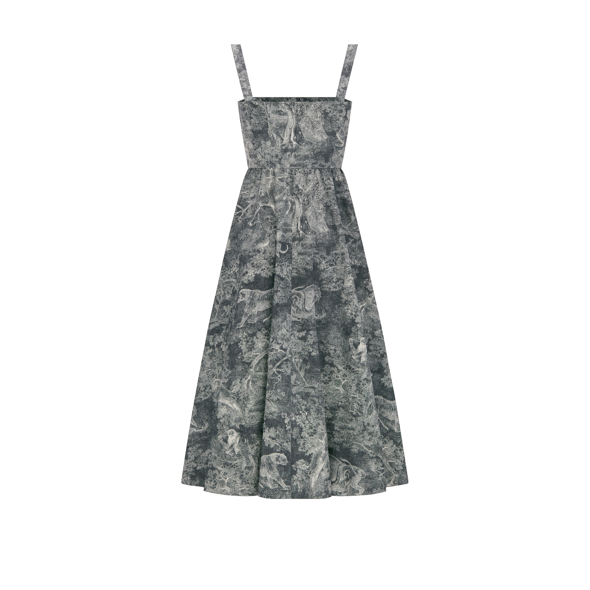 Dioriviera 中长款喇叭形连衣裙 深蓝色和白色棉质混纺府绸 Sauvage 茹伊印花图案 E08