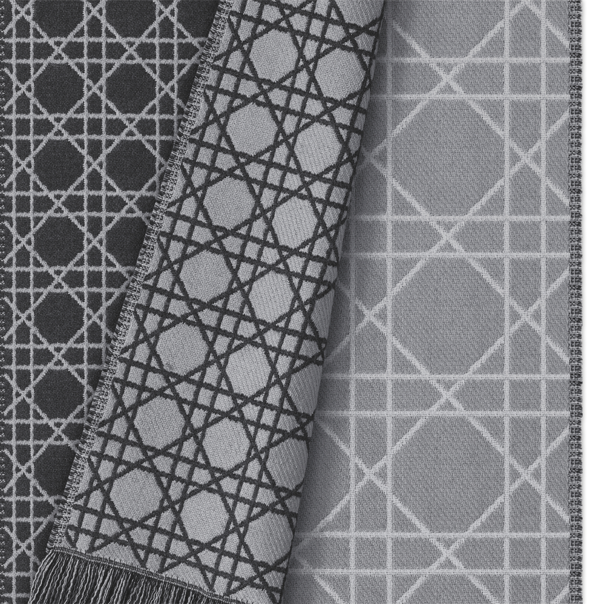 围巾 黑色、煤灰色和灰色绵羊毛面料藤格纹条纹图案 E09