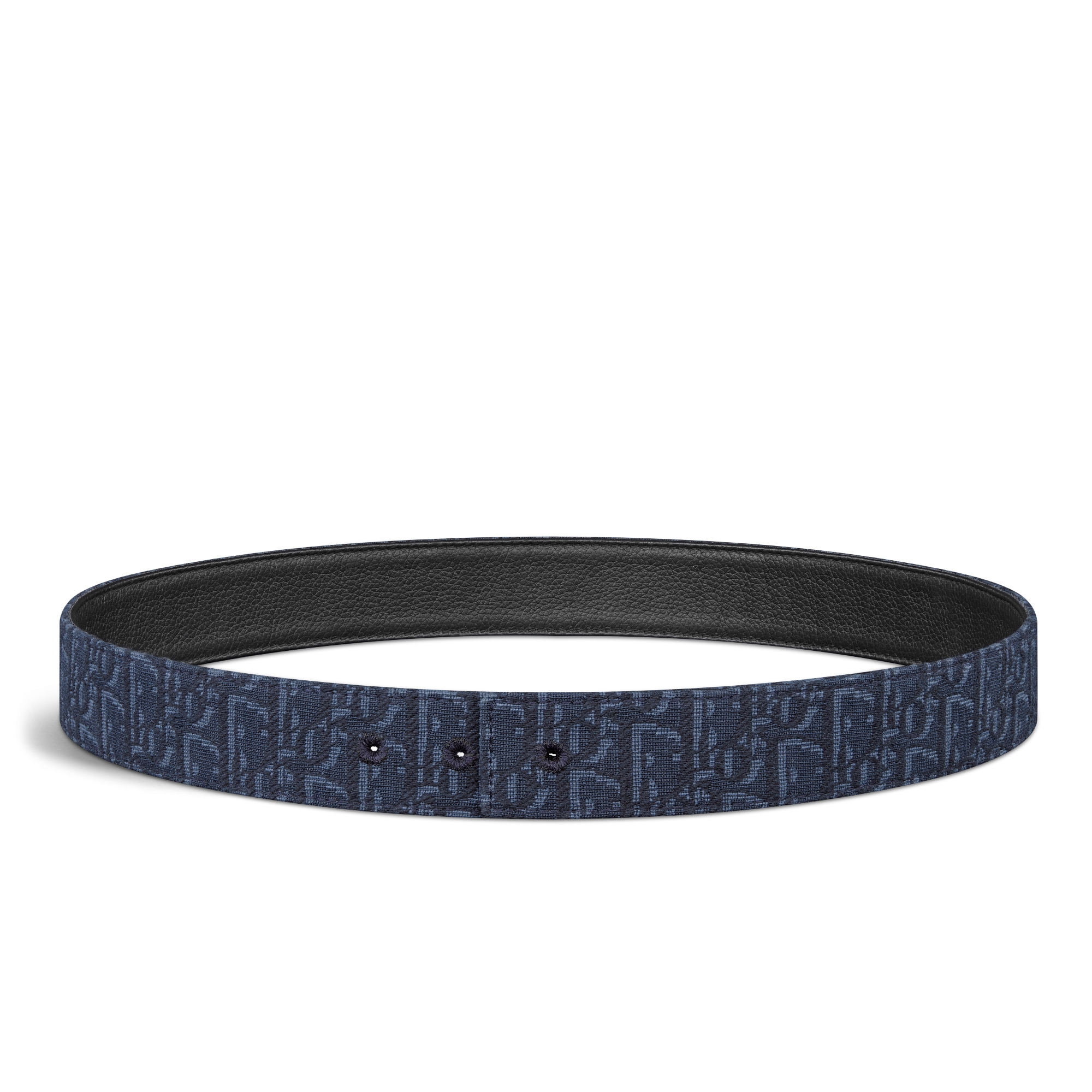 双面腰带 35 毫米海军蓝色 Oblique 印花面料和黑色粒面牛皮革 E01