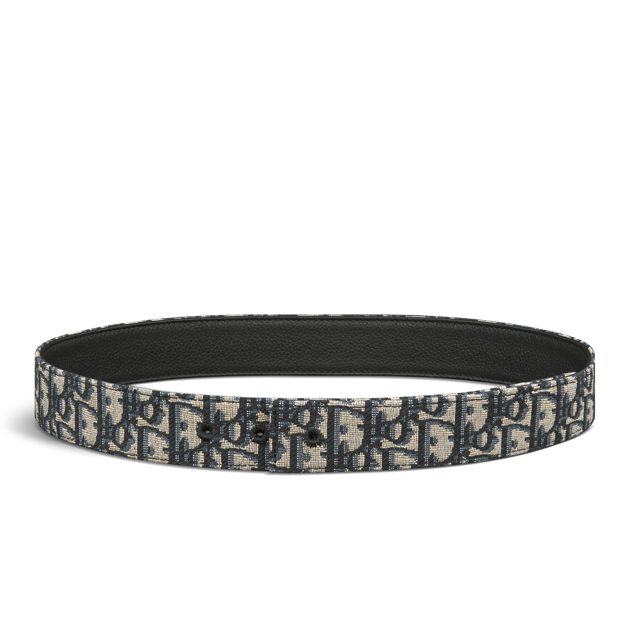 双面腰带 35 毫米米色和黑色 Oblique 印花面料和黑色粒面牛皮革 E01