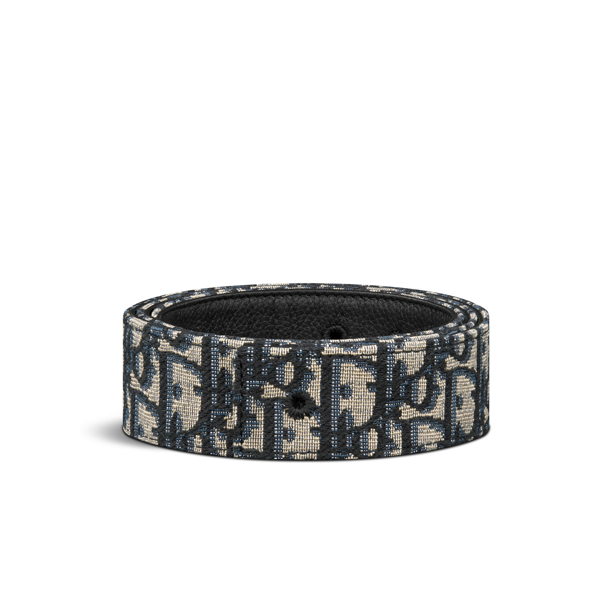 双面腰带 35 毫米米色和黑色 Oblique 印花面料和黑色粒面牛皮革 E03