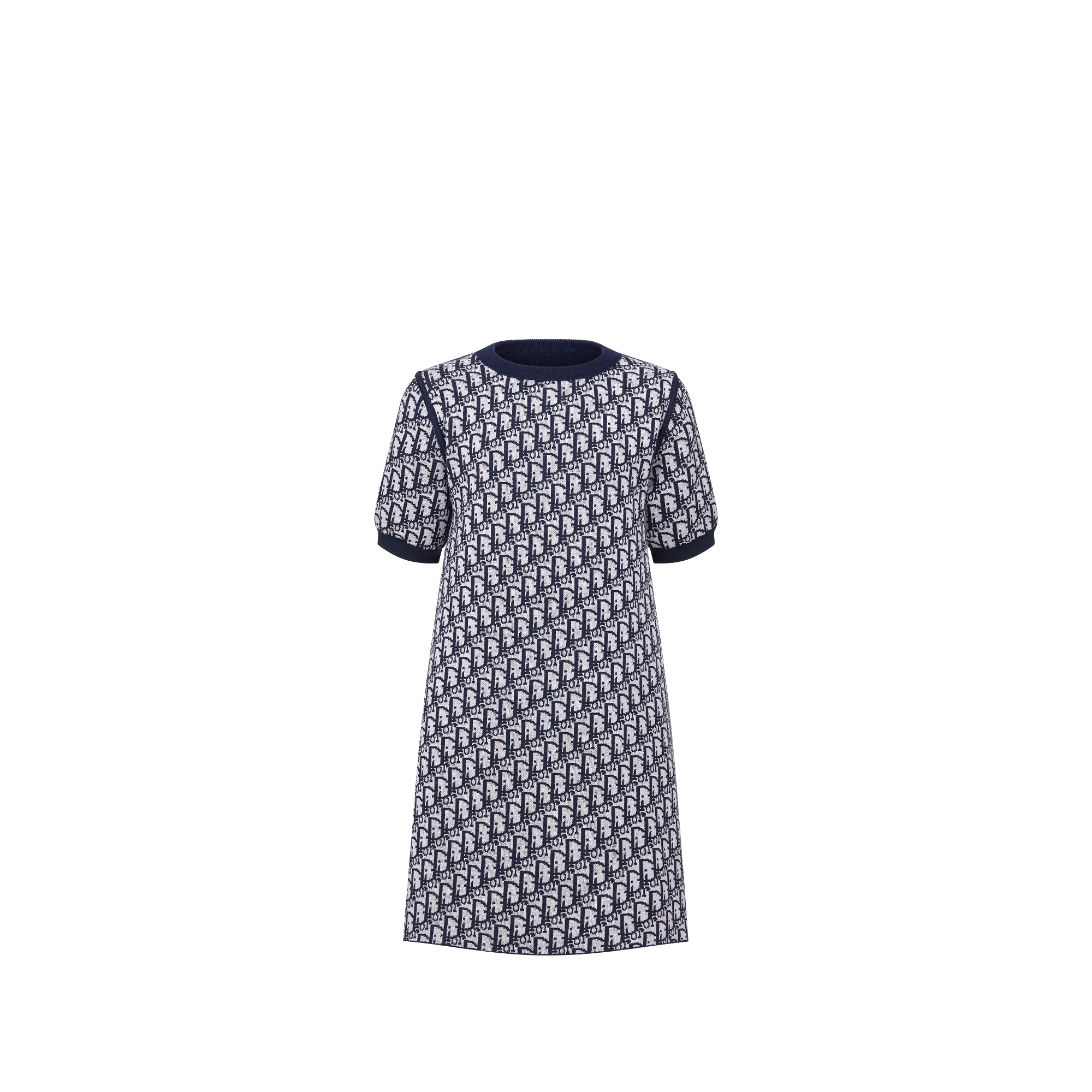 儿童双面 A 字连衣裙 海军蓝色绵羊毛针织面料象牙色和蓝色 Oblique 印花 E10