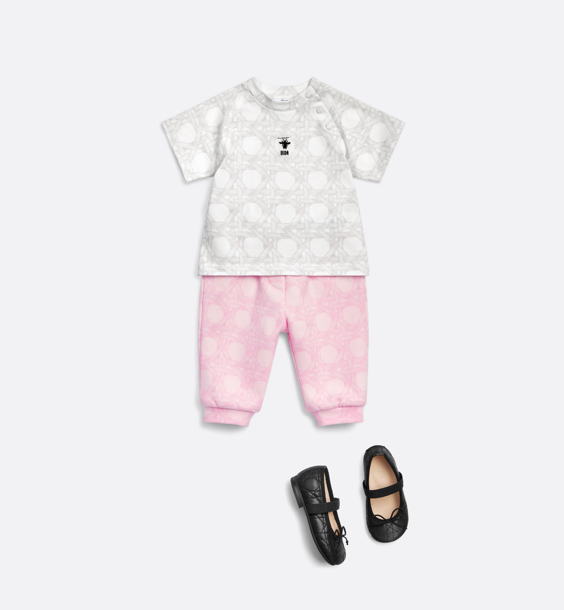 婴幼儿 T 恤 象牙色棉质平纹针织面料浅灰色藤格纹图案 E12