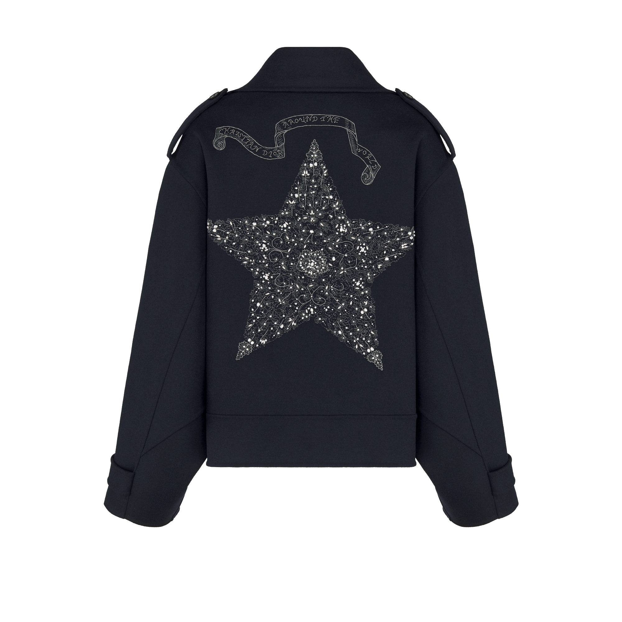 超大版型短款大衣 海军蓝色双面绵羊毛混纺毛毡面料银色调 Dior Around the World 图案刺绣搭配腰带 E08