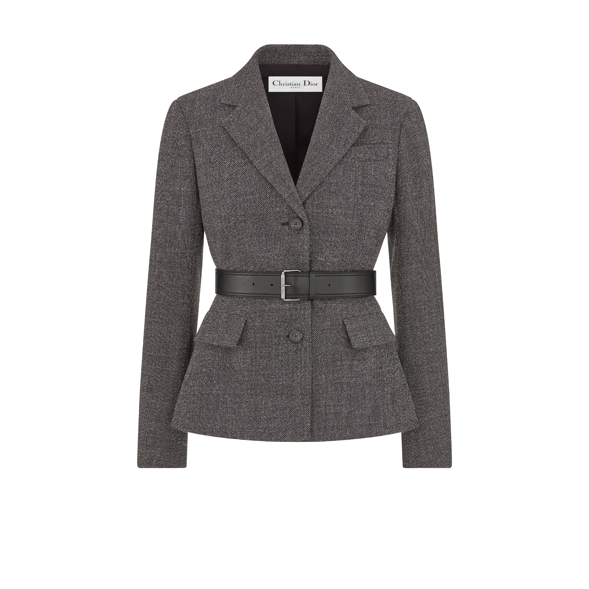 单西 灰色绵羊毛粗花呢搭配腰带和可拆卸围巾 E07