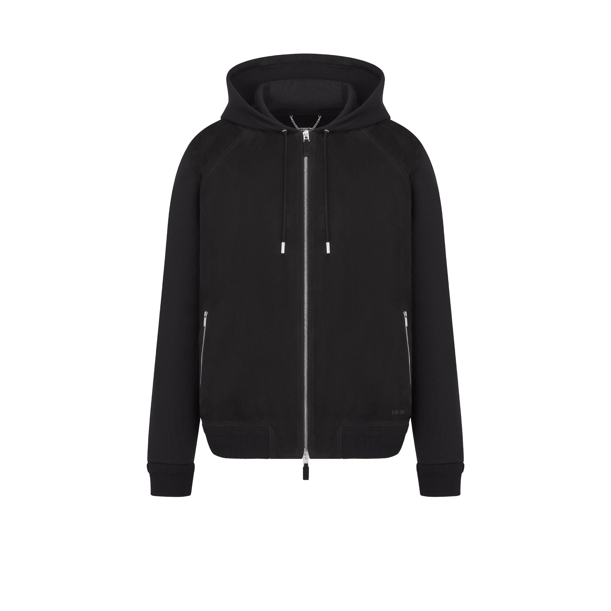 Dior Icons 拉链连帽运动衫 黑色绵羊毛针织面料和绒面革 E01