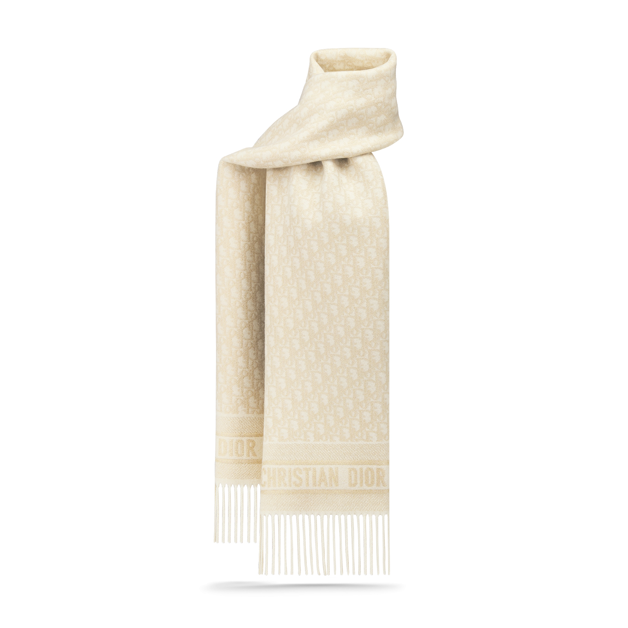 Dior 印花围巾 米白色山羊绒混纺面料金色金属光泽线 Oblique 印花 E01