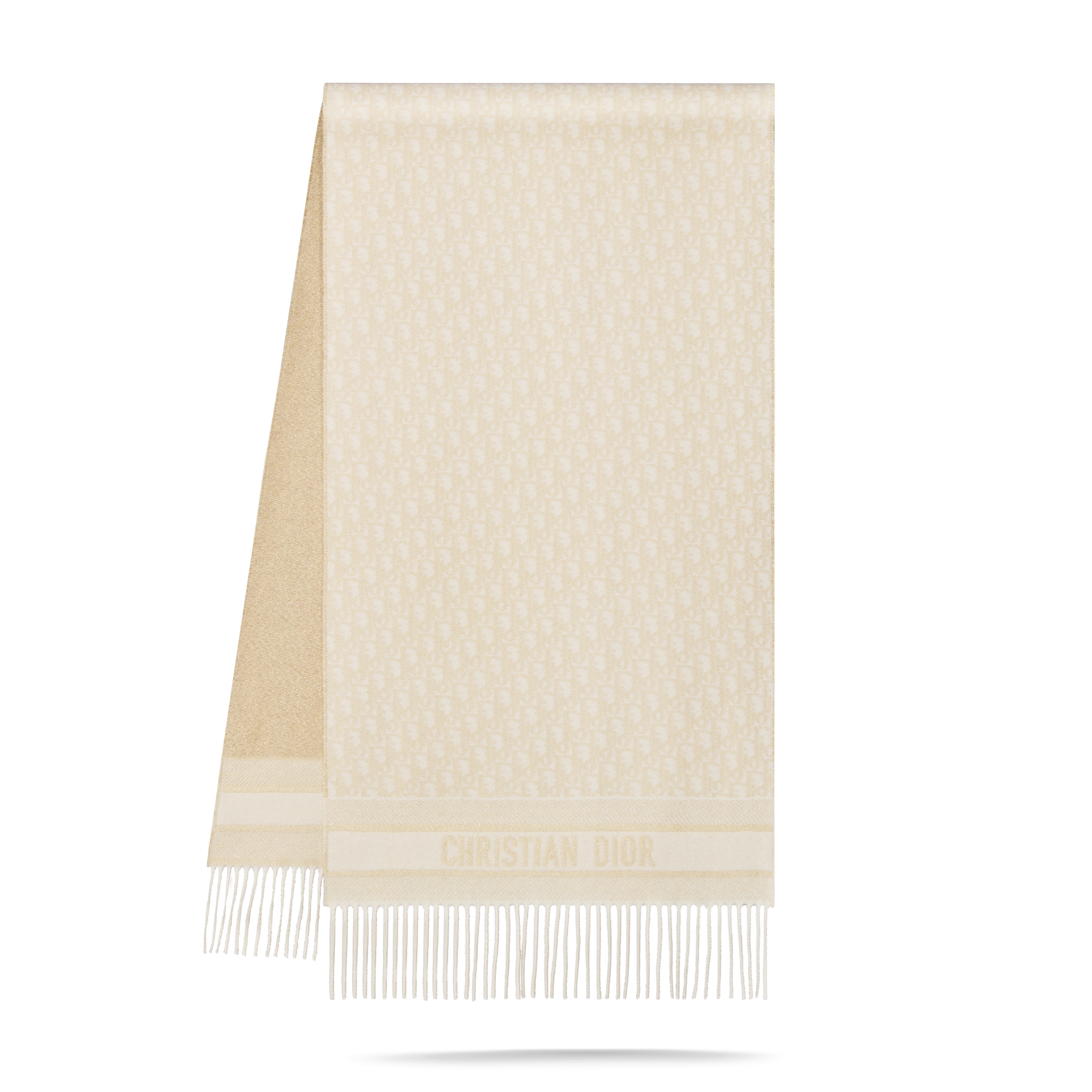 Dior 印花围巾 米白色山羊绒混纺面料金色金属光泽线 Oblique 印花 E03