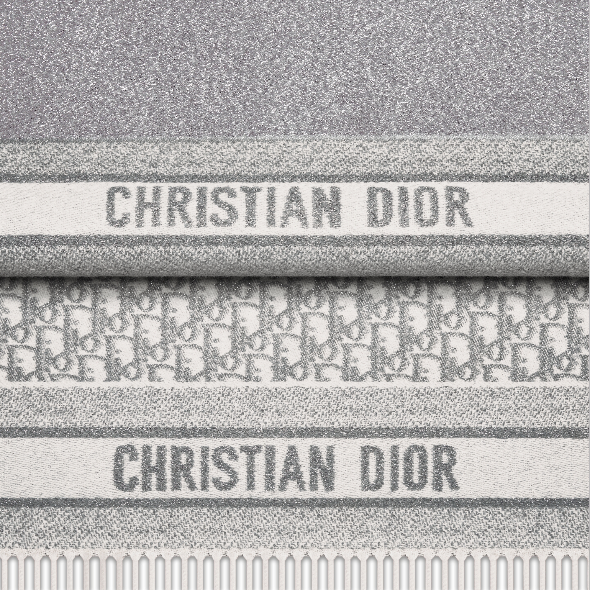 Dior 印花围巾 白色山羊绒混纺面料银色金属光泽线 Oblique 印花 E09