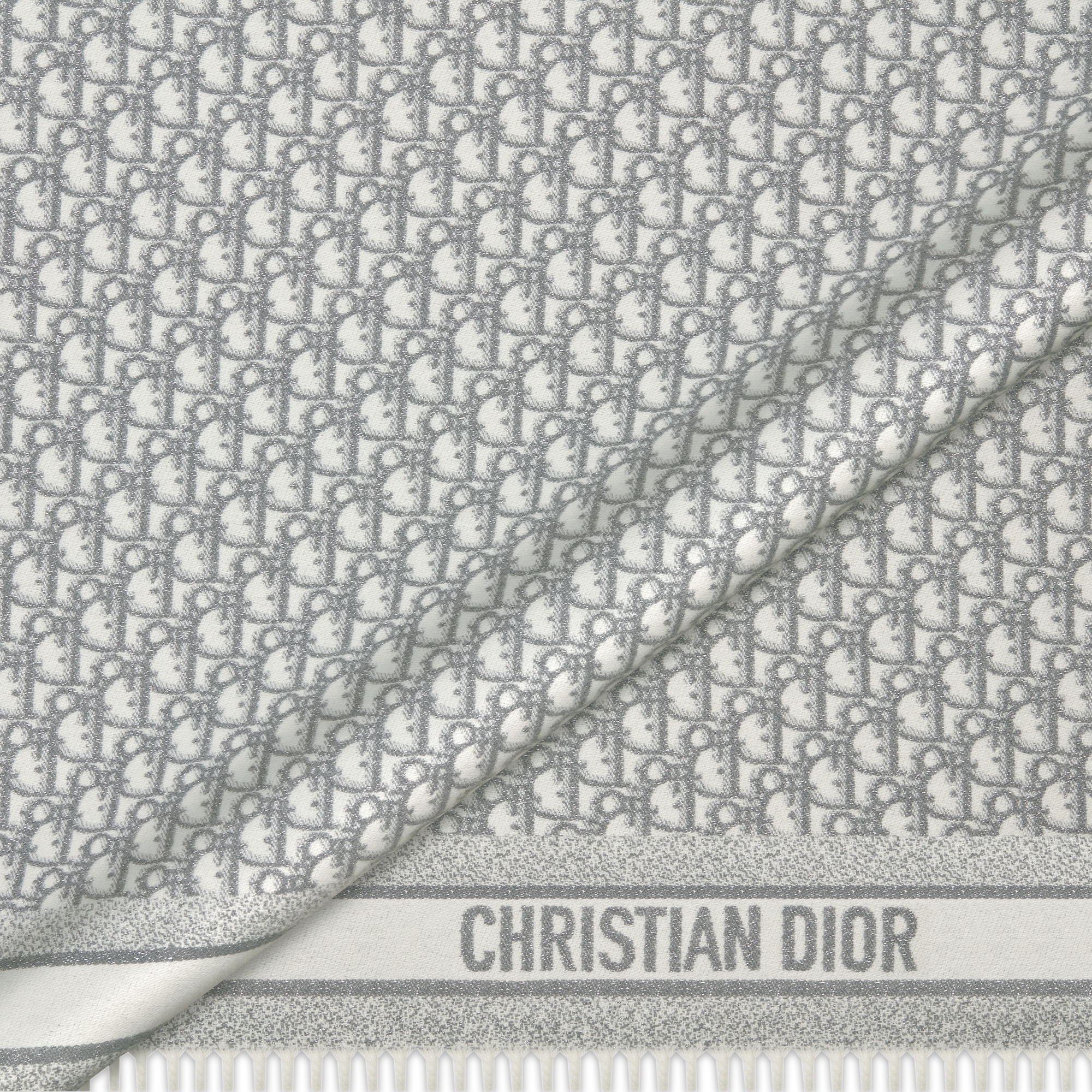 Dior 印花斗篷 白色山羊绒混纺面料银色金属光泽线 Oblique 印花 E09