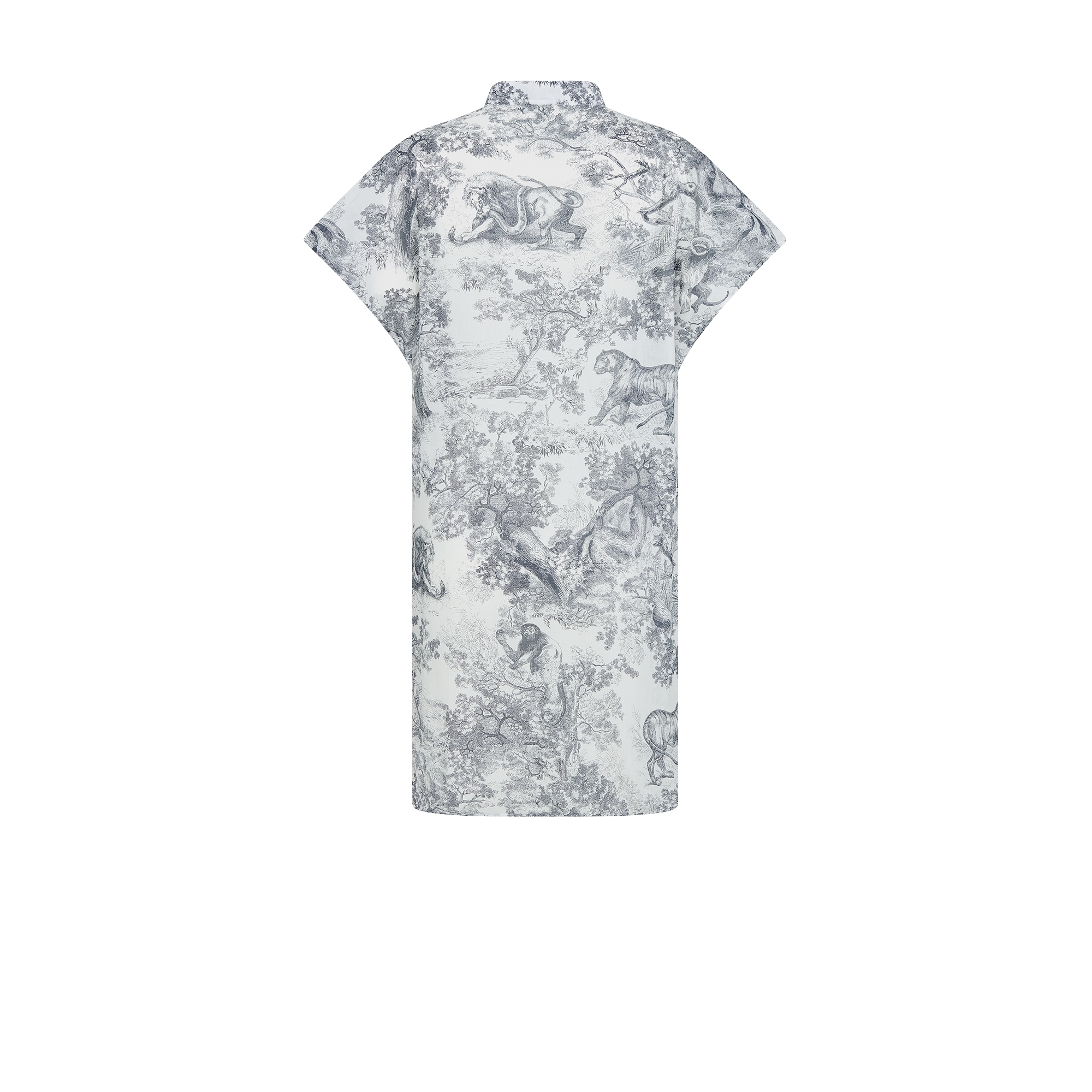 Dioriviera 长款盖袖衬衫 白色和海军蓝色棉质面料 Sauvage 茹伊印花 E08