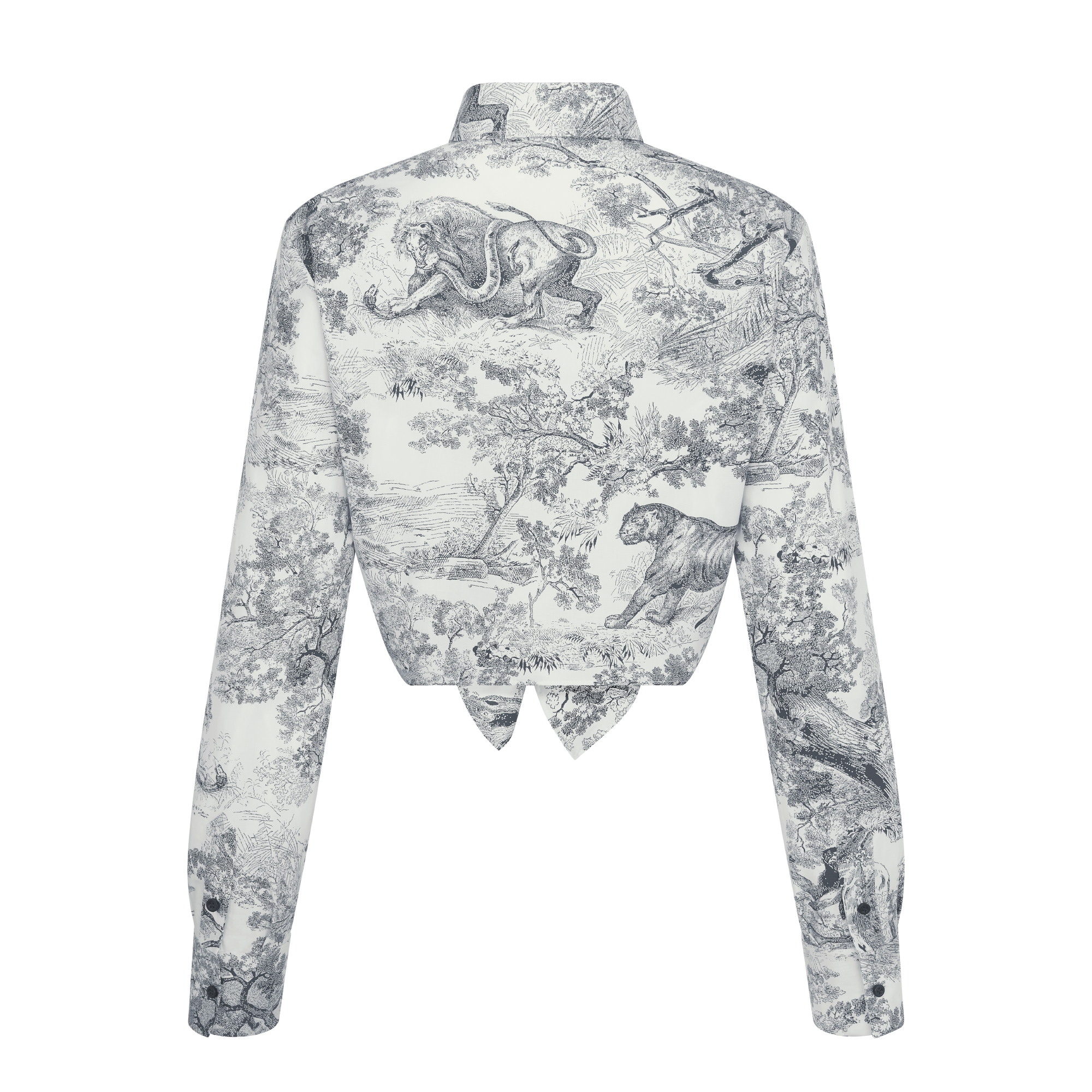 Dioriviera 短款束身衬衫 白色和深蓝色棉质混纺府绸 Sauvage 茹伊印花 E08