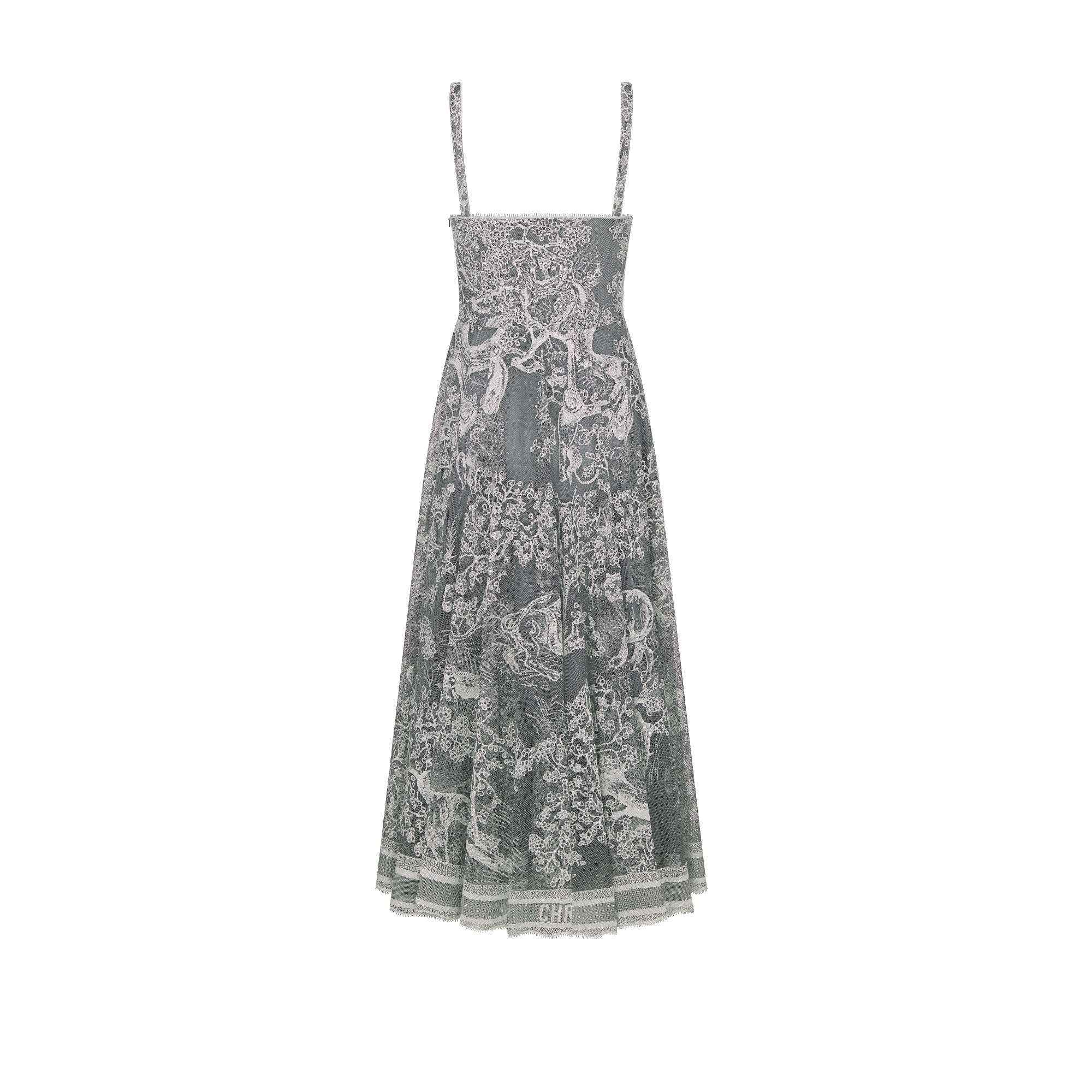 Dioriviera 中长款喇叭形连衣裙 海军蓝色和白色棉质混纺蕾丝面料 Sauvage 茹伊印花 E08