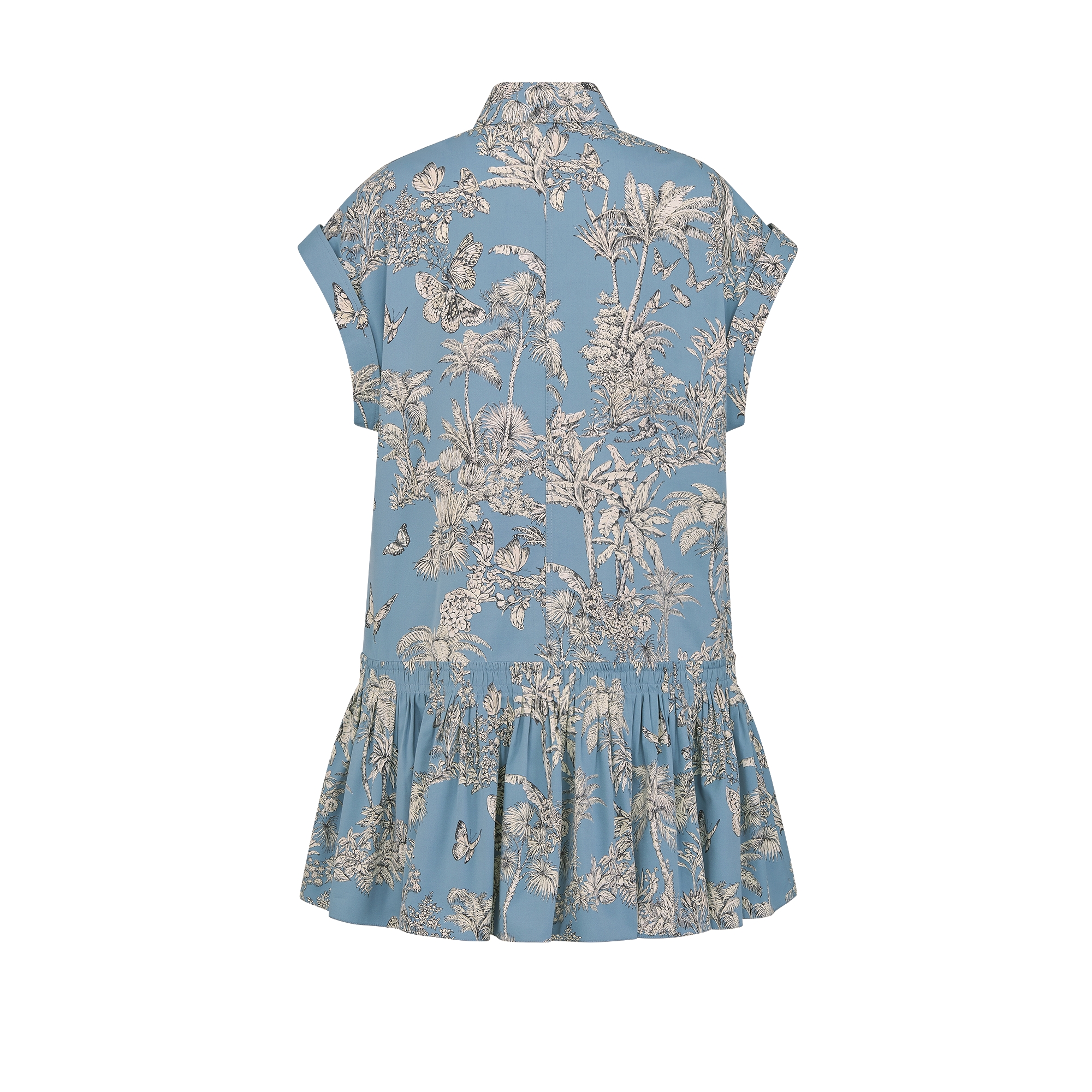 Dioriviera 短款衬衫式连衣裙 太空蓝棉质和桑蚕丝混纺府绸白色 Palms 茹伊印花图案 E08
