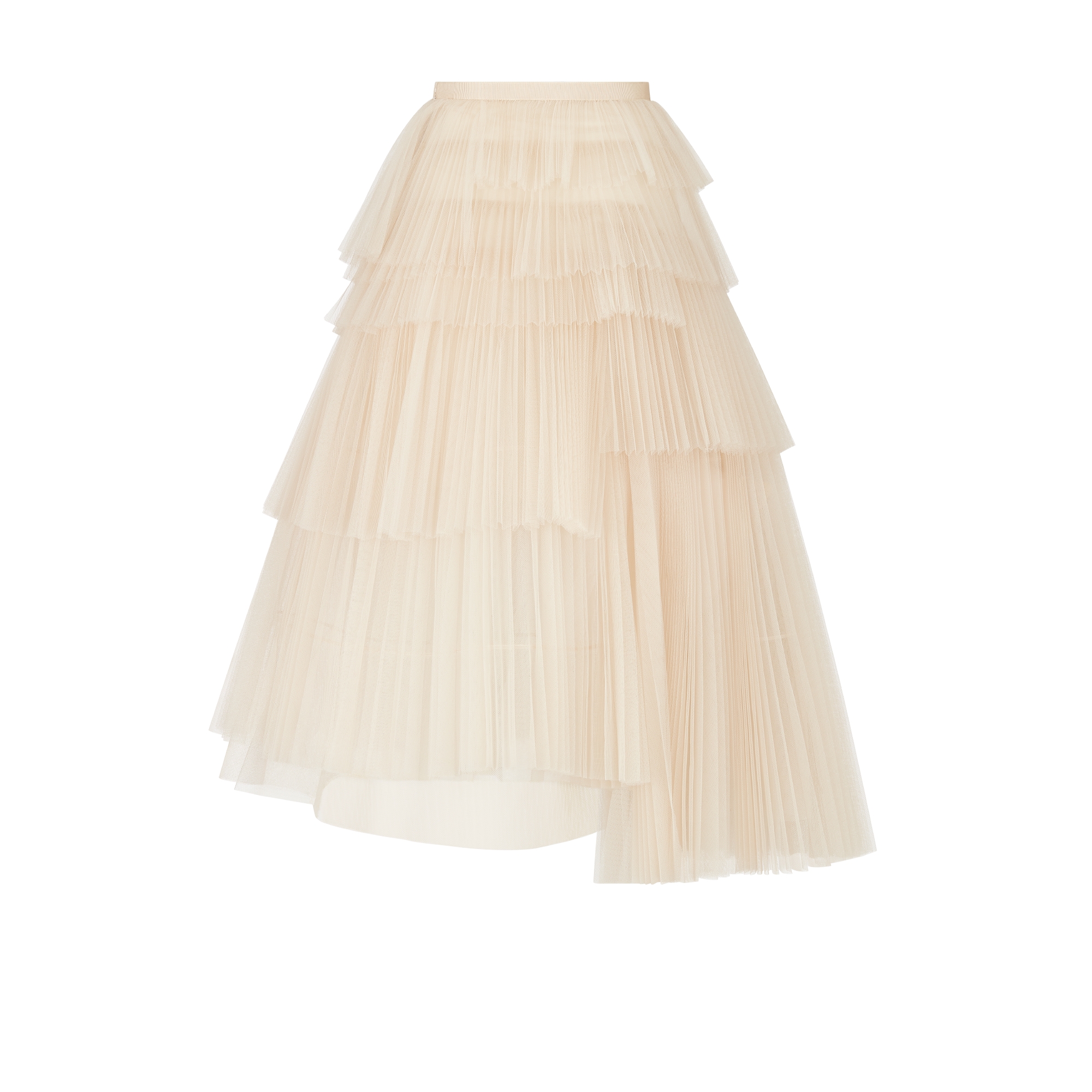 中长款不对称百褶裙 米色薄纱 E08