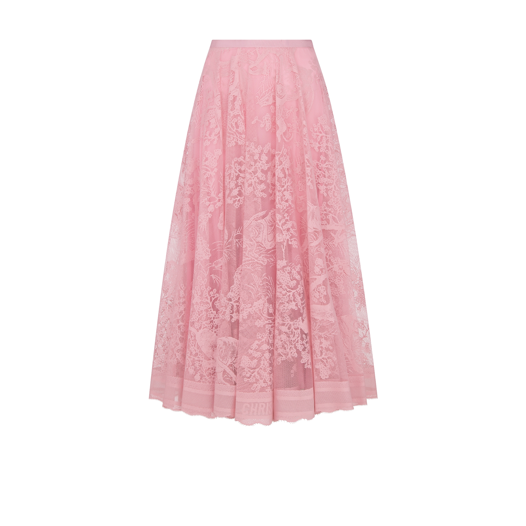 Dioriviera 喇叭形半身裙 樱花粉色棉质混纺蕾丝面料 Sauvage 茹伊印花图案 E01