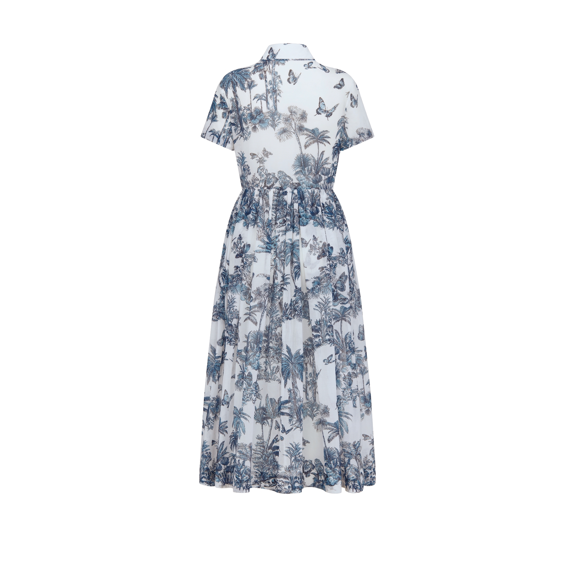 Dioriviera 中长款衬衫式连衣裙 白色和蓝色棉质面料 Palms 茹伊印花 E08