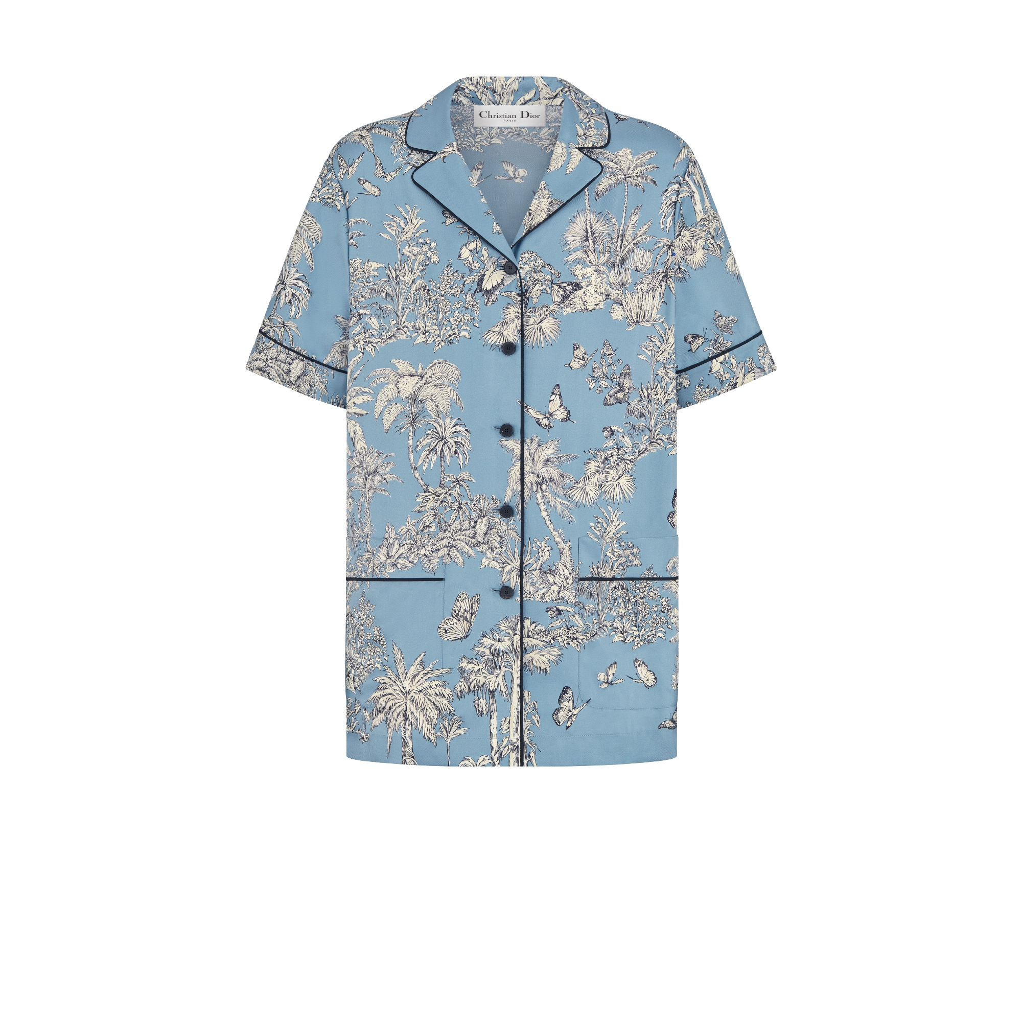 Dioriviera 短袖衬衫 太空蓝桑蚕丝斜纹面料白色 Palms 茹伊印花图案 E01