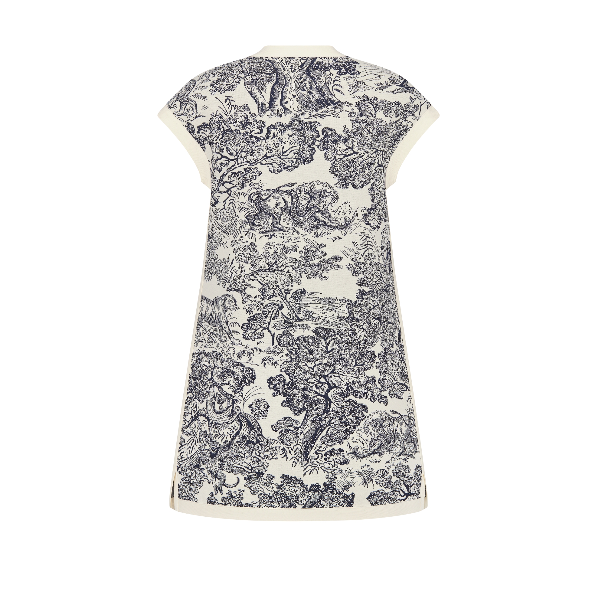 Dioriviera 短款喇叭形连衣裙 深蓝色和白色科技针织面料 Sauvage 茹伊印花图案 E08