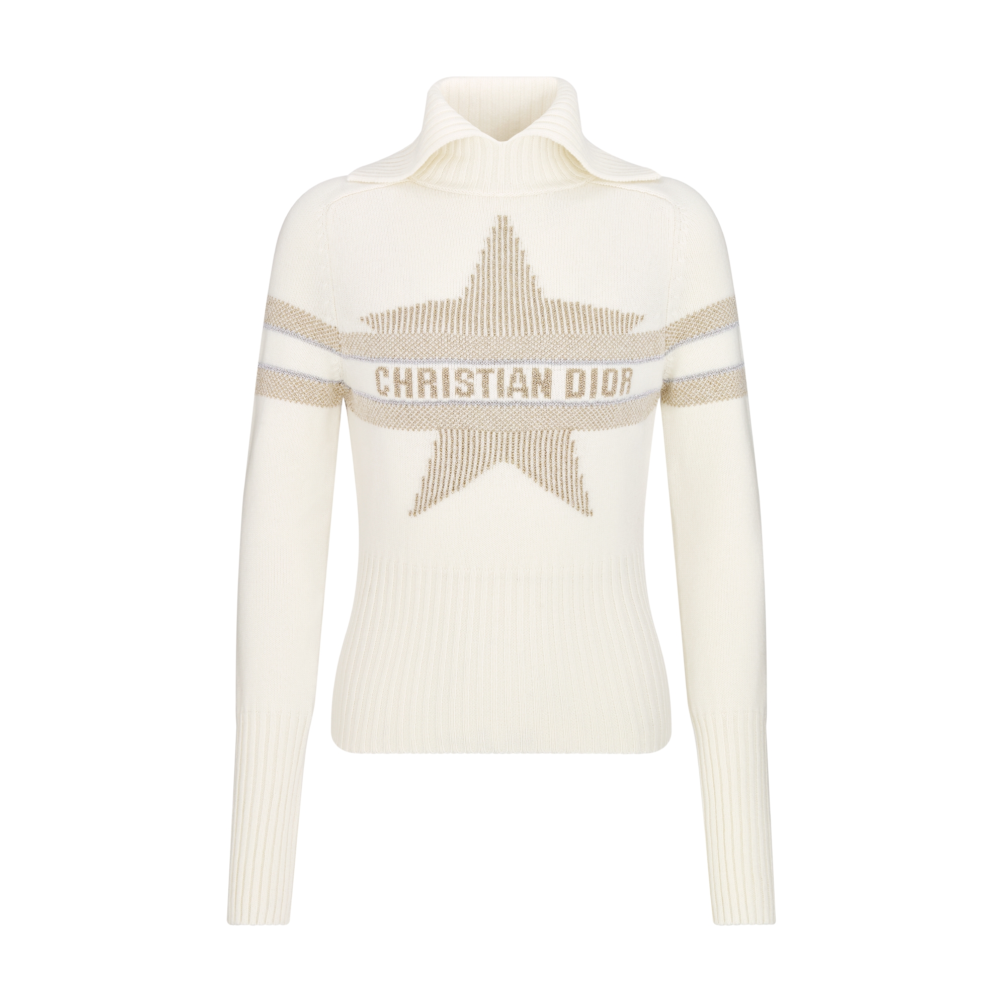 DiorAlps 半高领针织衫 米白色绵羊毛混纺针织面料金色调 Dior Star 图案 E01