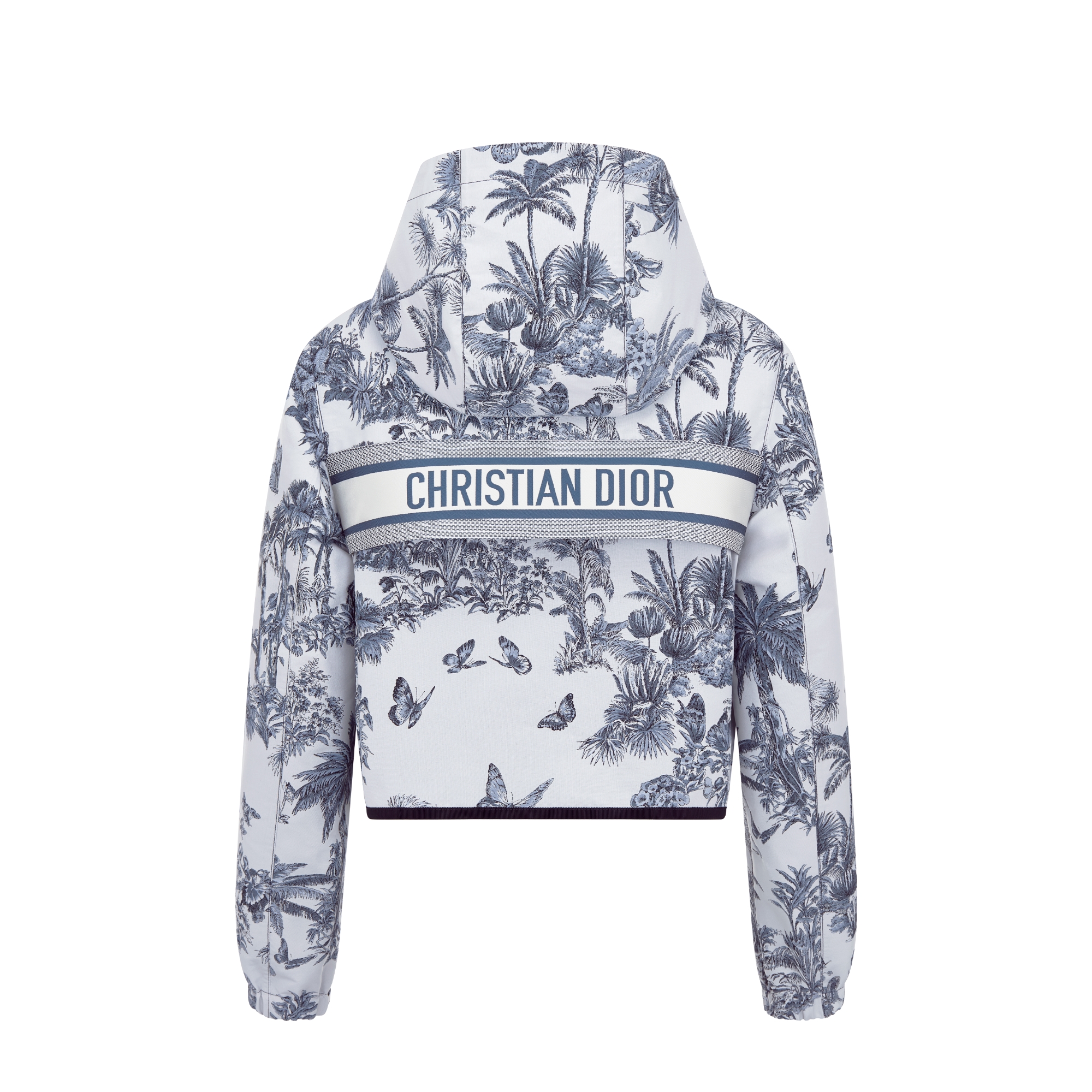 Dioriviera 短款连帽外套 白色和蓝色塔夫绸提花科技面料 Palms 茹伊印花 E08