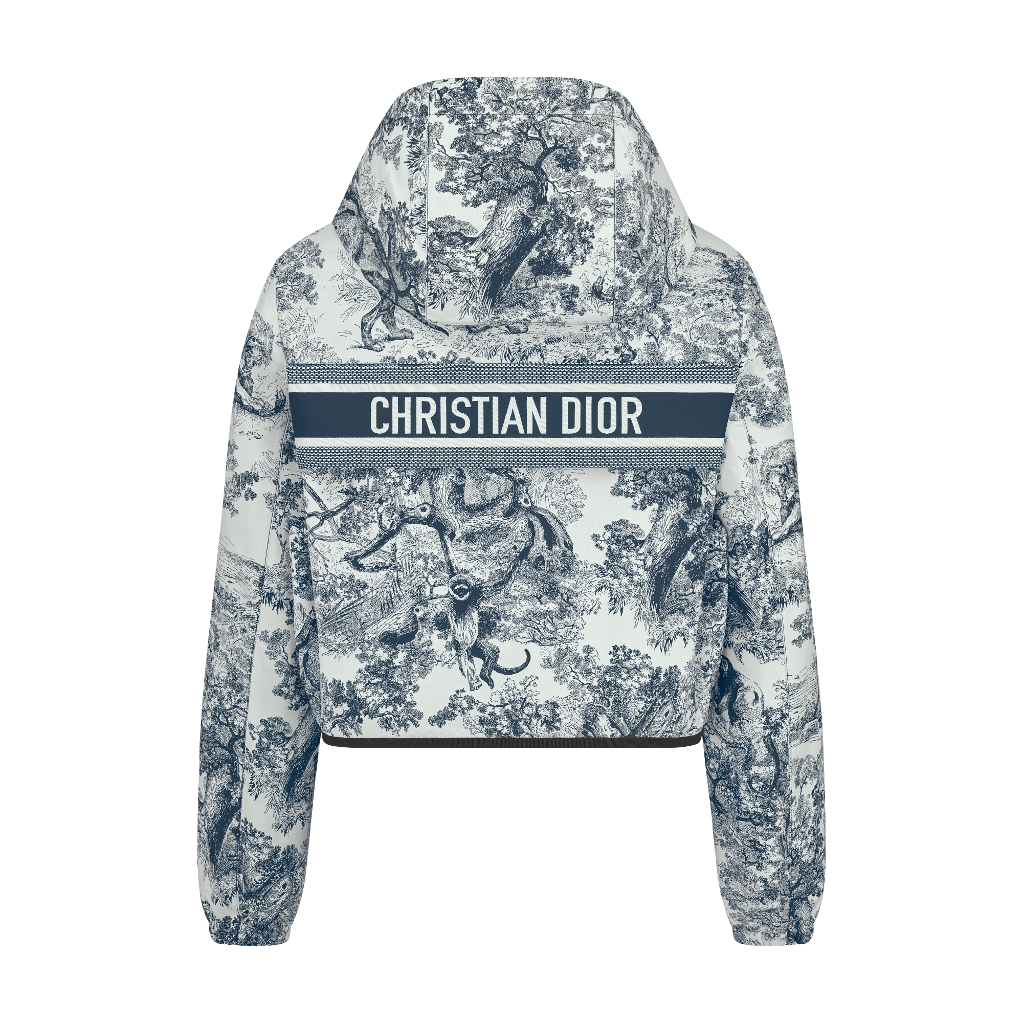 Dioriviera 短款连帽外套 白色和深蓝色塔夫绸提花科技面料 Sauvage 茹伊印花 E08