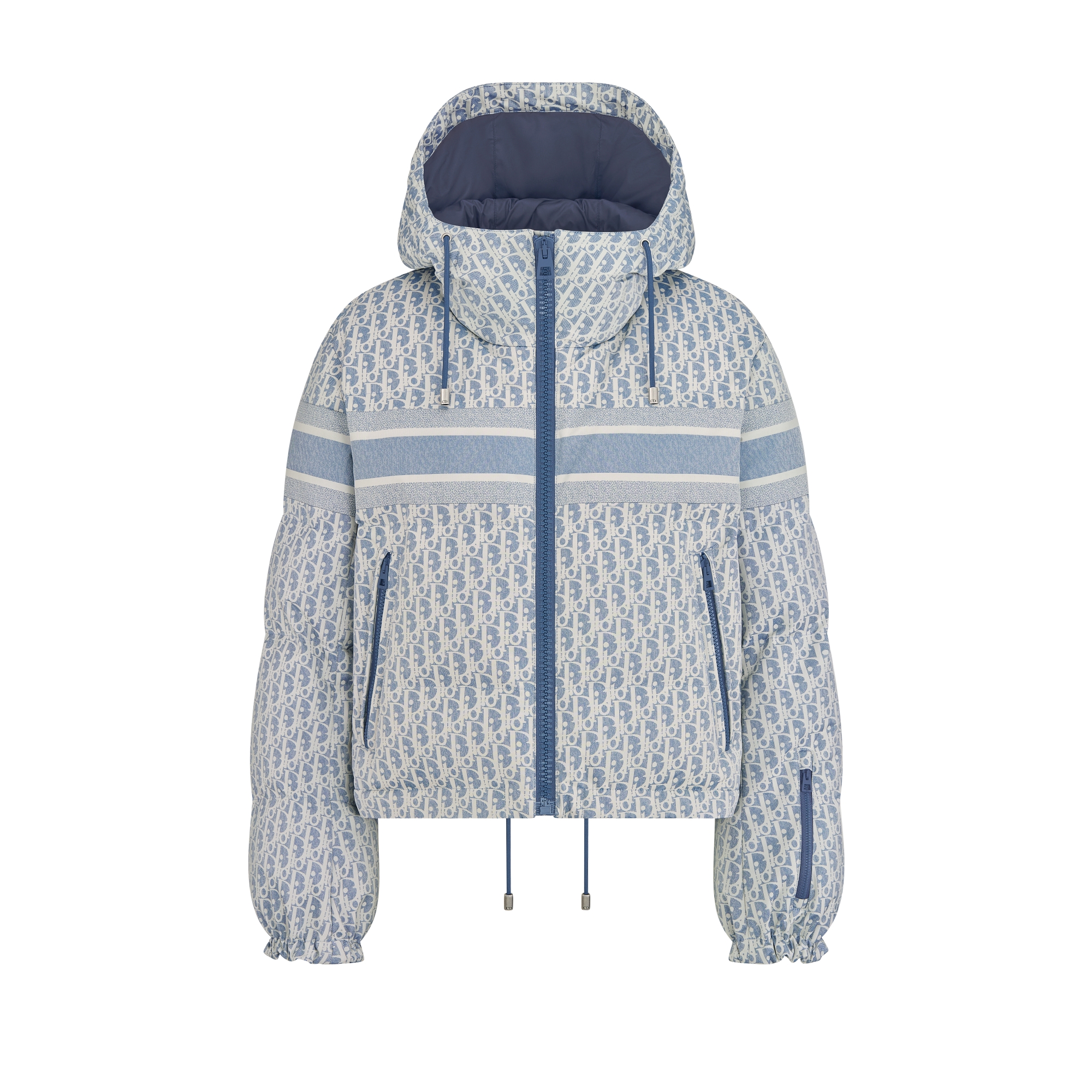 DiorAlps 短款连帽夹克 蓝色和白色带夹层塔夫绸科技面料 Oblique 印花 E01