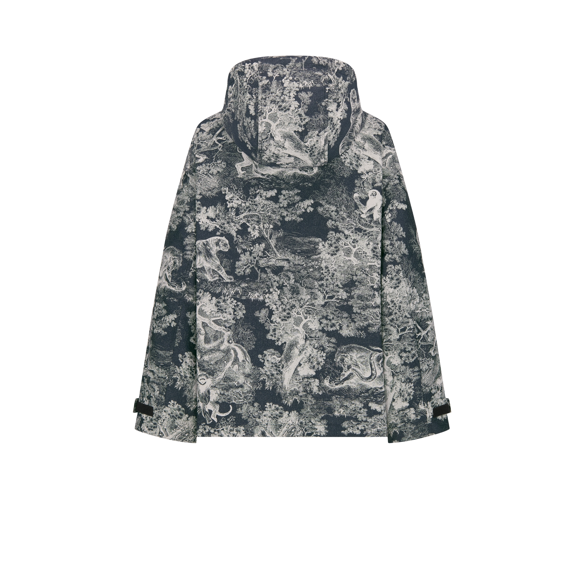 Dioriviera 防水效果连帽夹克 深蓝色和白色塔夫绸提花科技面料 Sauvage 茹伊印花图案 E08