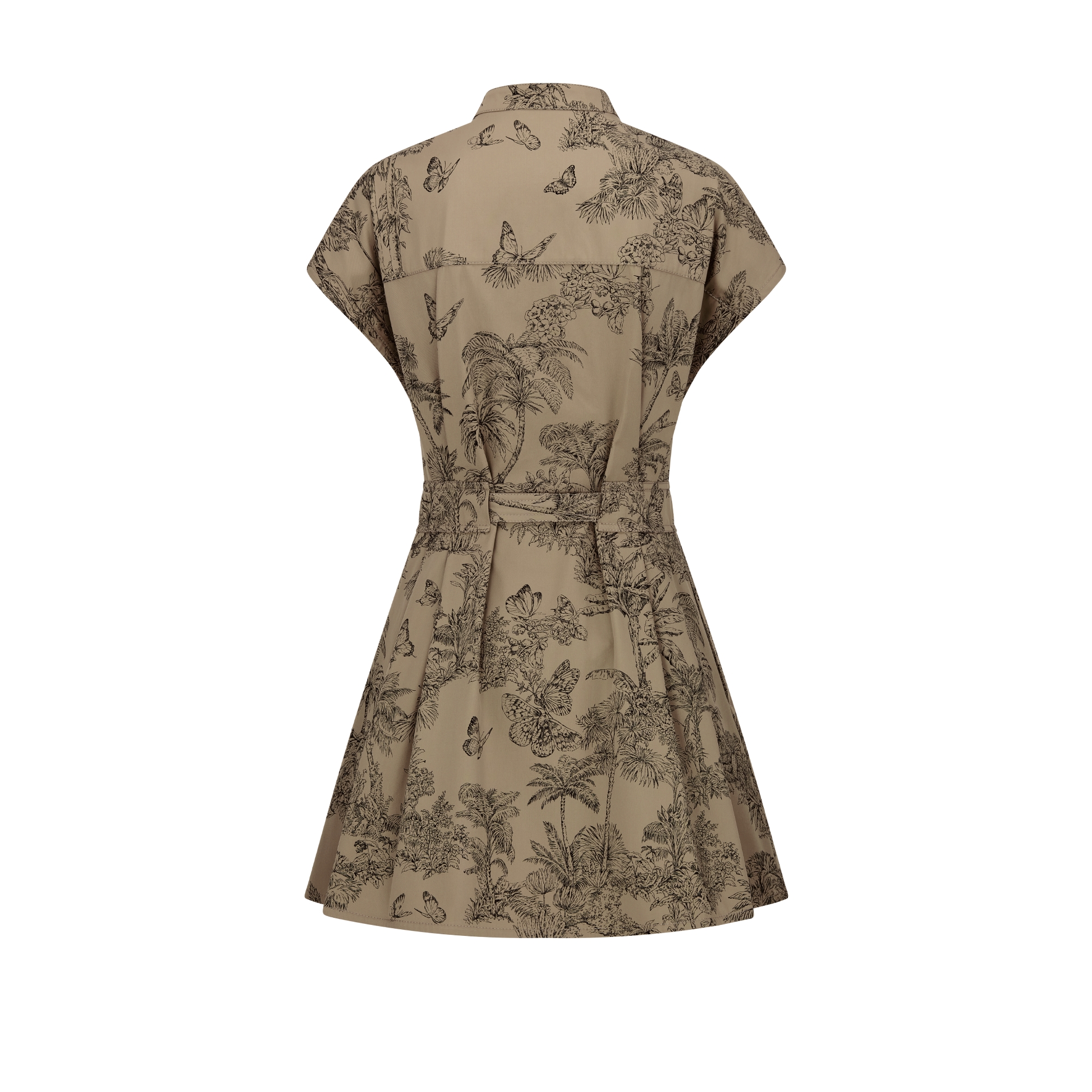 Dioriviera 短款衬衫式连衣裙 米色棉质华达呢黑色 Palms 茹伊印花图案搭配腰带 E08