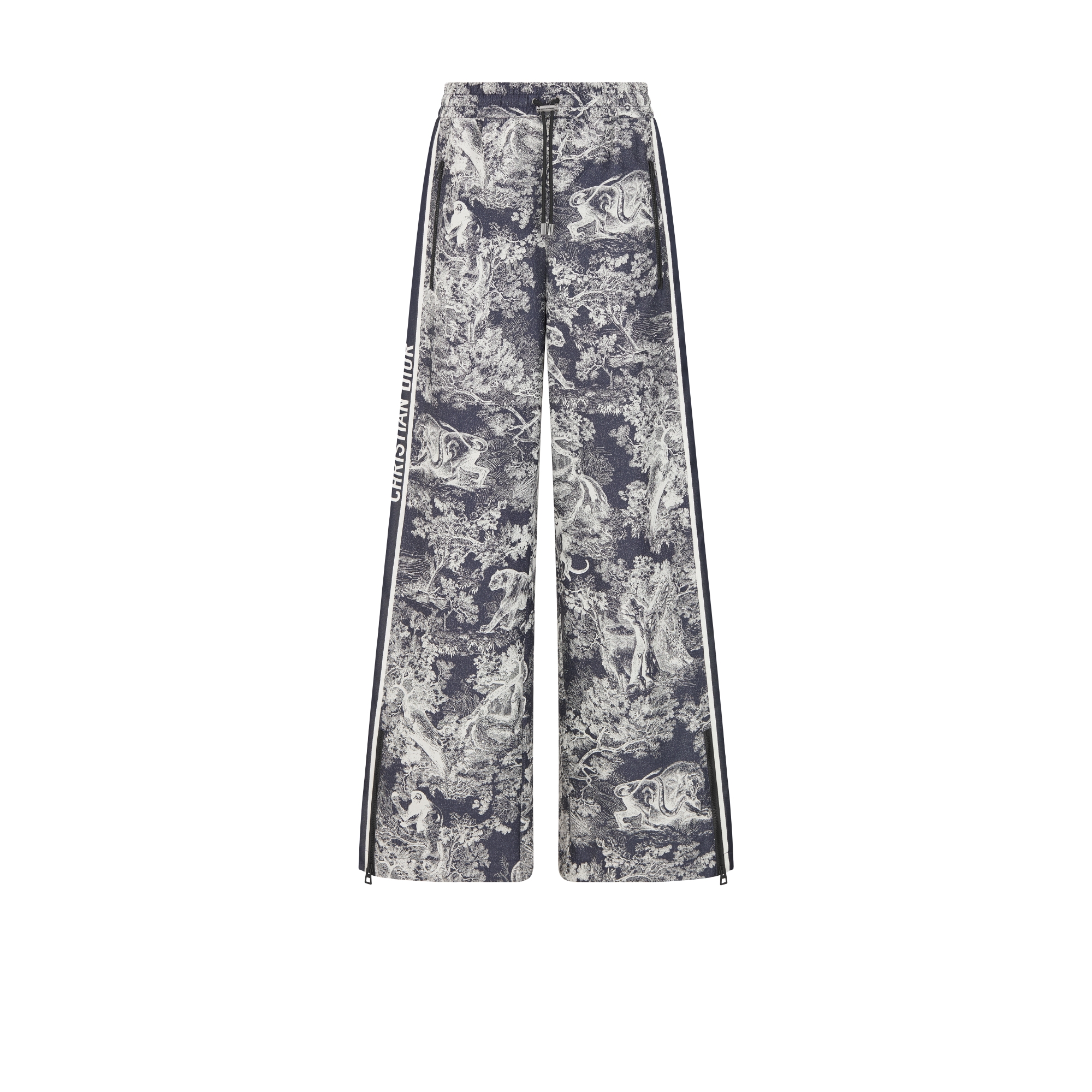 Dioriviera 喇叭裤 深蓝色和白色塔夫绸提花科技面料 Sauvage 茹伊印花图案 E01