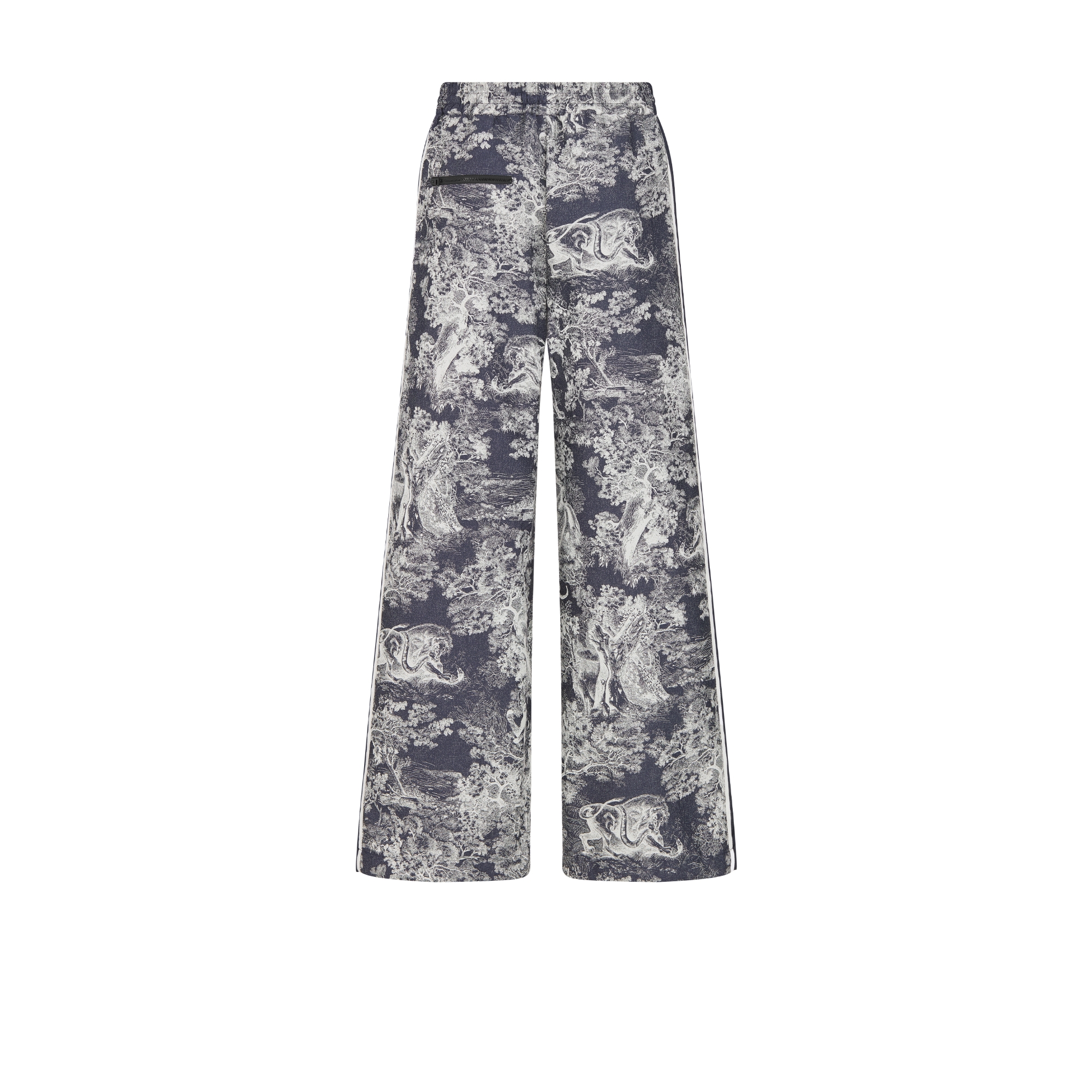 Dioriviera 喇叭裤 深蓝色和白色塔夫绸提花科技面料 Sauvage 茹伊印花图案 E08