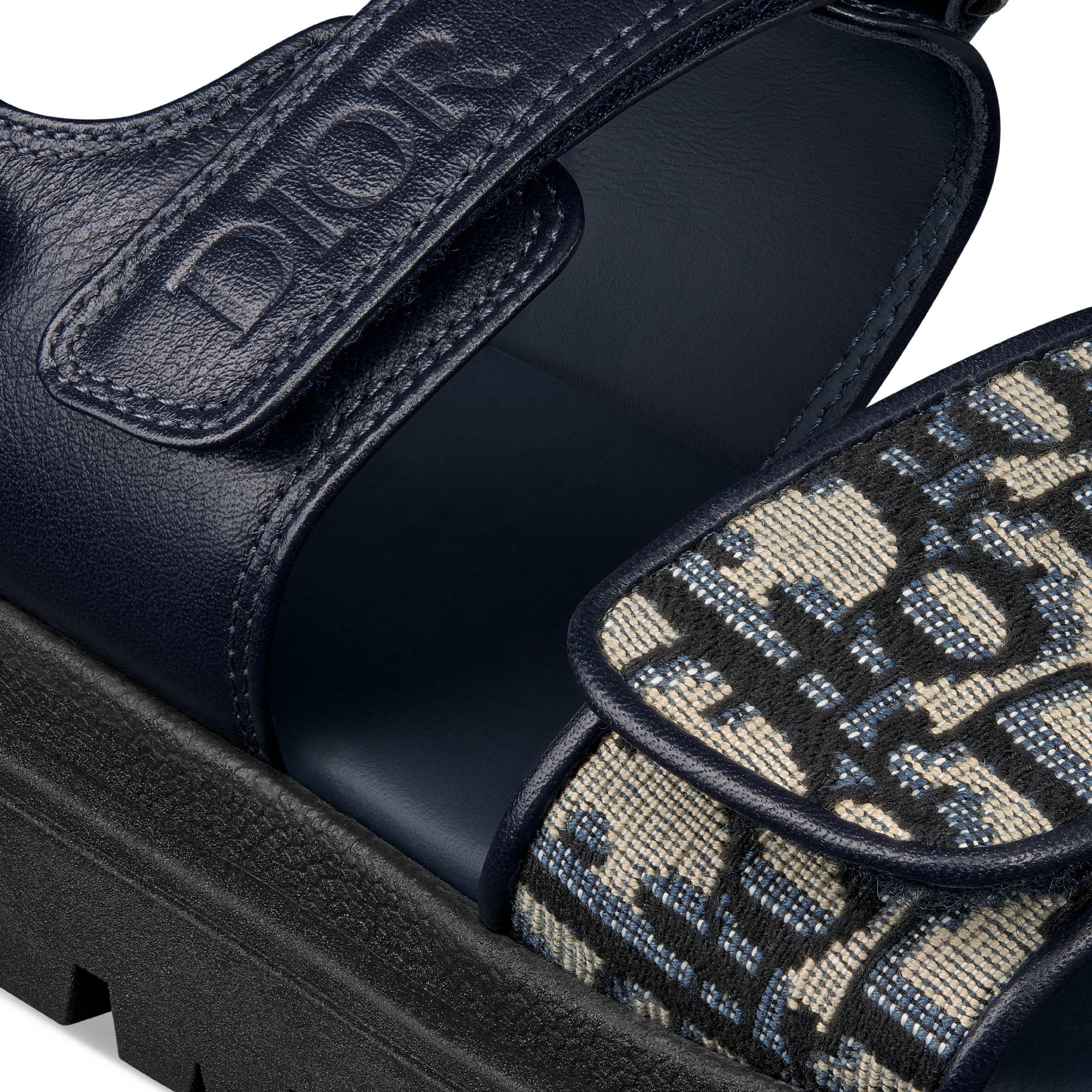 凉鞋儿童款 海军蓝色牛皮革米色和黑色 Oblique 印花面料 E09