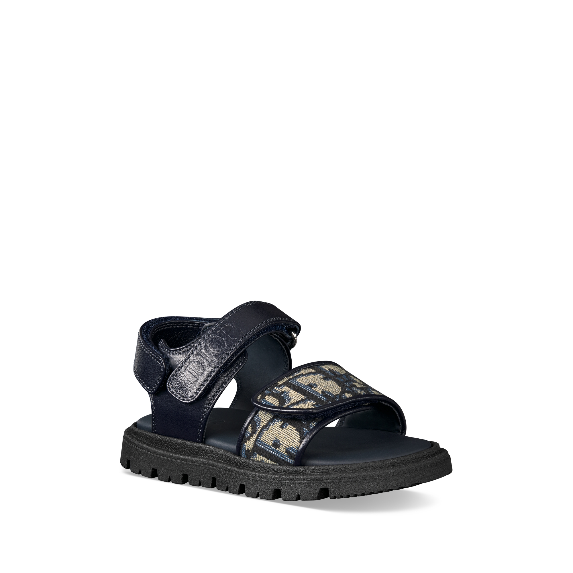 婴幼儿凉鞋 海军蓝色牛皮革米色和黑色 Oblique 印花面料 E03