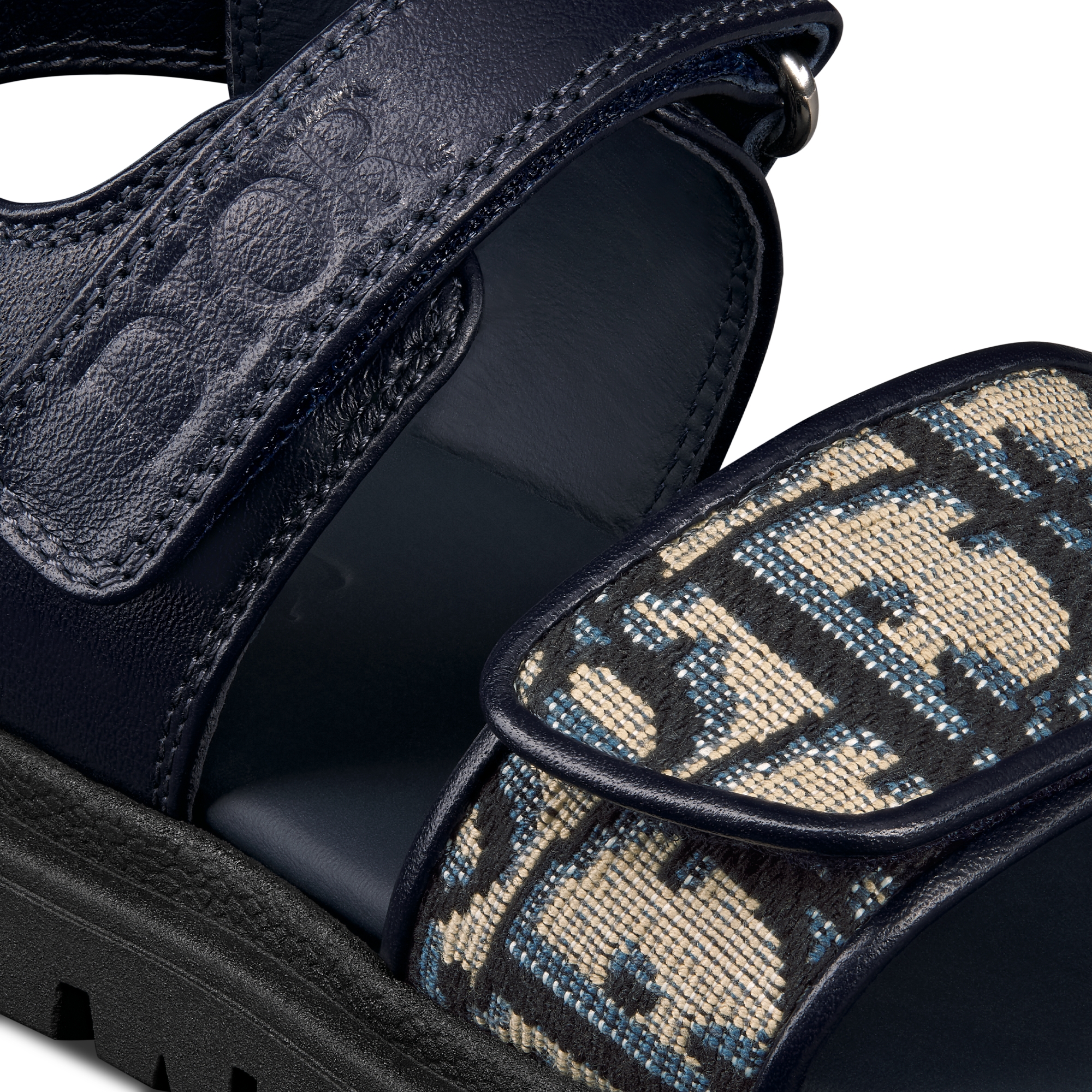 婴幼儿凉鞋 海军蓝色牛皮革米色和黑色 Oblique 印花面料 E09