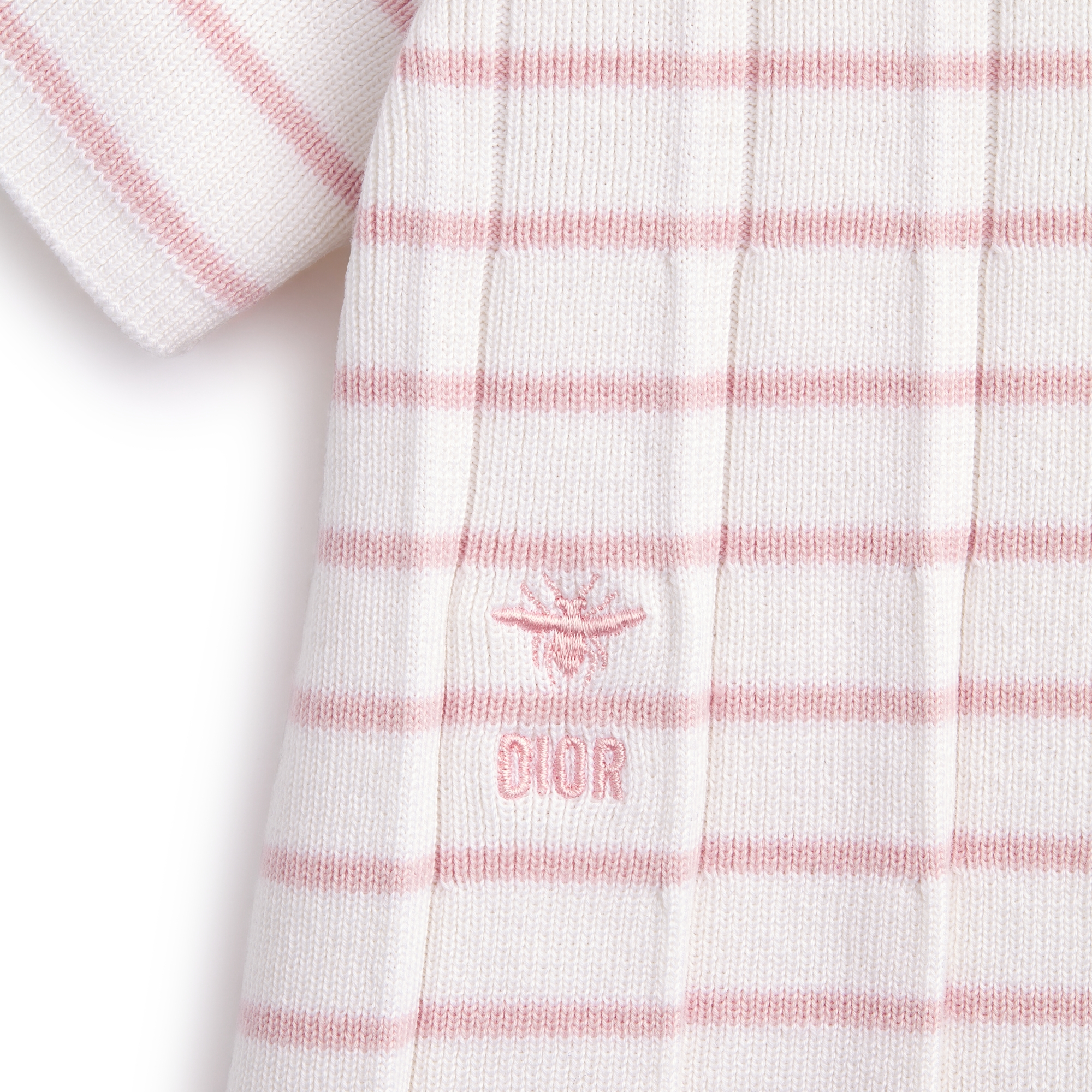 婴幼儿喇叭形连衣裙 象牙色棉质混纺褶裥针织面料淡粉色条纹图案 E09