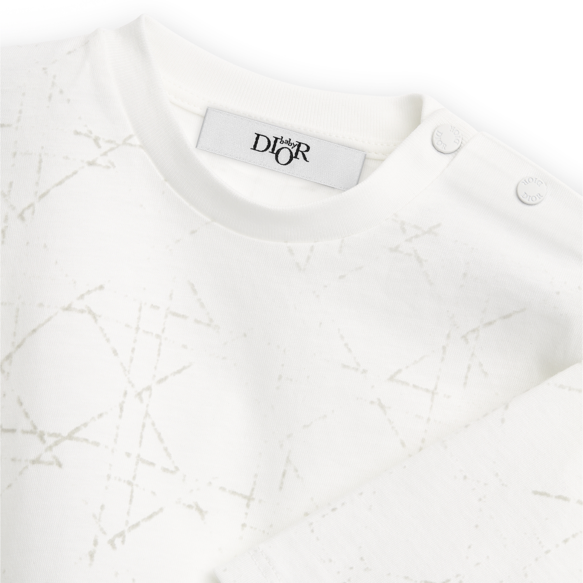 婴幼儿长袖 T 恤 象牙色棉质平纹针织面料浅灰色藤格纹图案褪色效果 E09