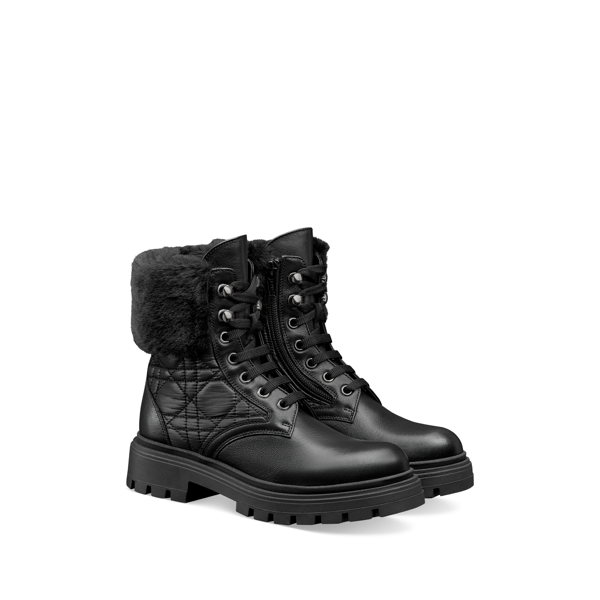 儿童及踝靴 黑色牛皮革、科技面料和仿羊羔绒藤格纹 E03