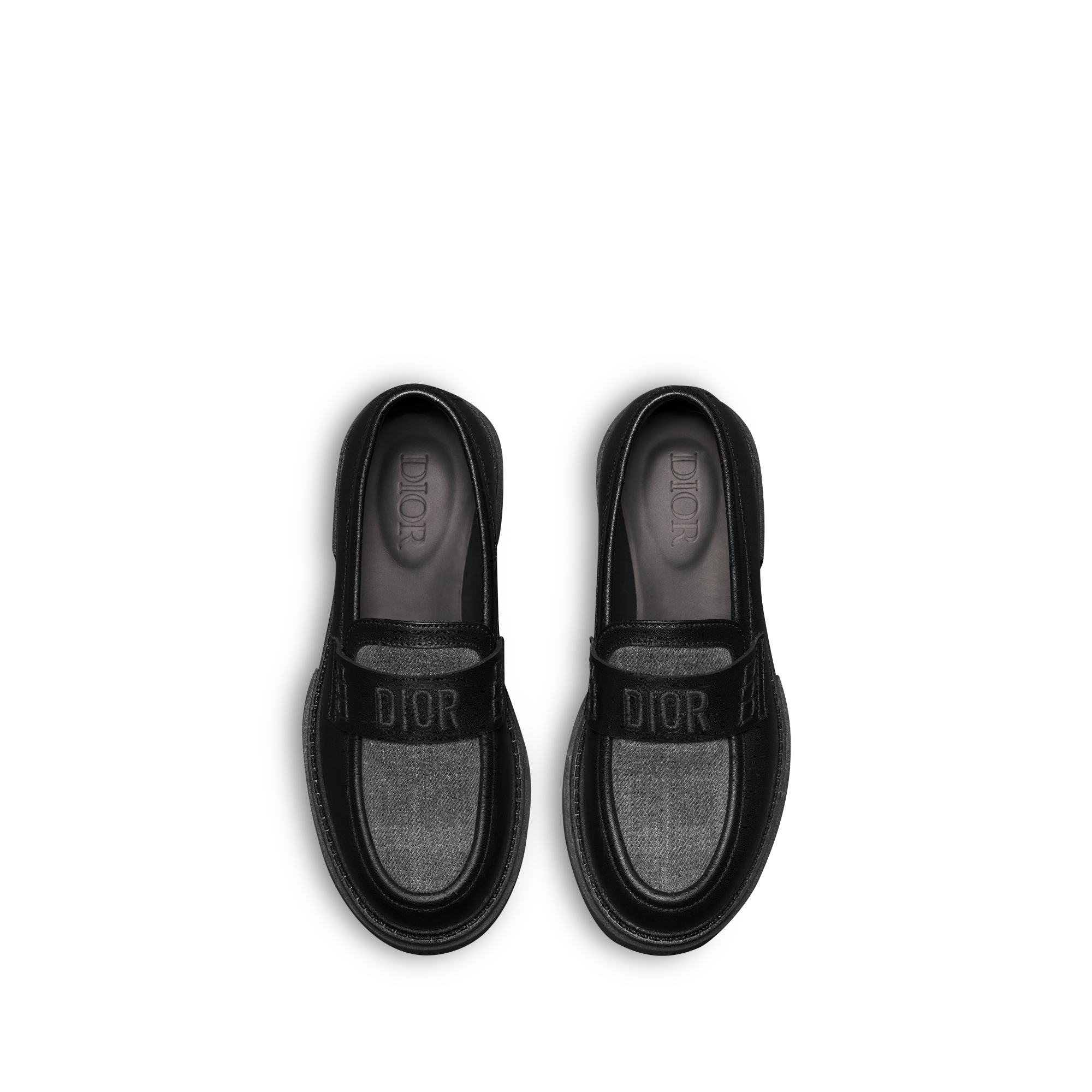 儿童乐福鞋 黑色牛皮革和灰色棉质牛仔布格子图案 E06