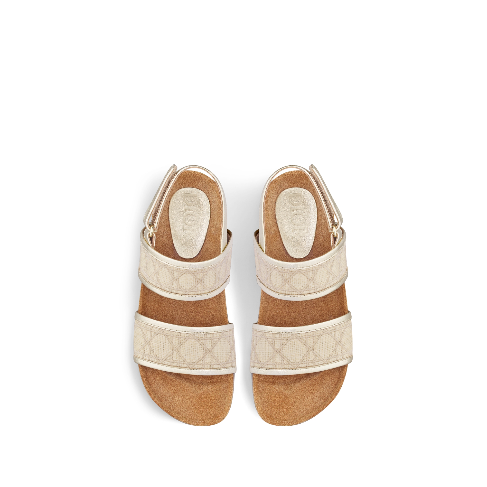 儿童凉鞋 自然色酒椰草效果帆布藤格纹和金色调牛皮革 E06