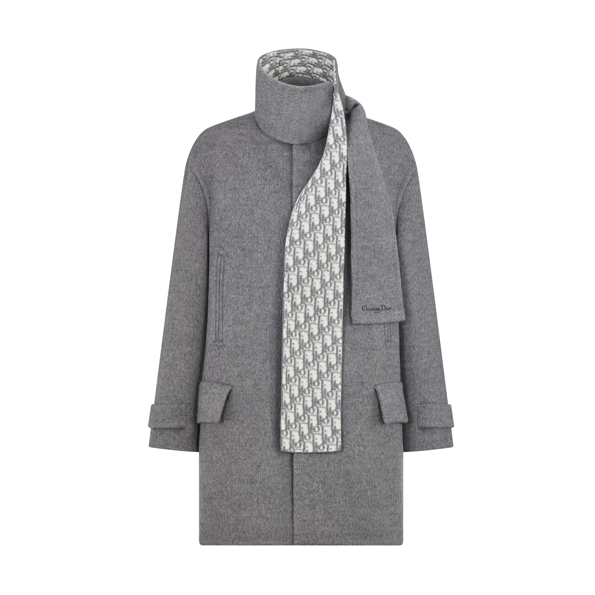  灰色绵羊毛混纺面料搭配围巾式衣领